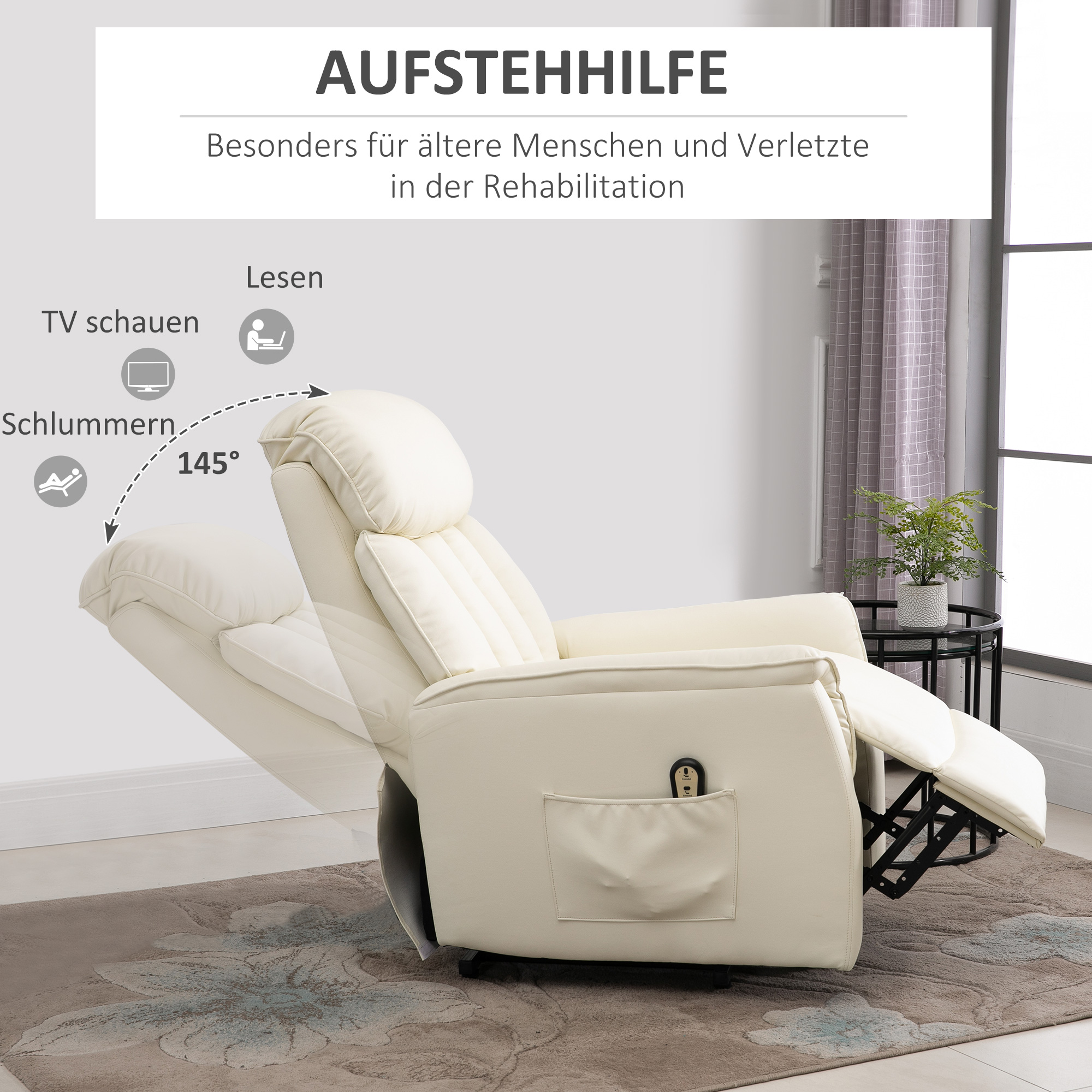 Ein Relaxsessel mit um 145 Grad ausgefahrener Fußstütze und Rückenlehne. Er hat eine Tasche und eine Fernbedienung.