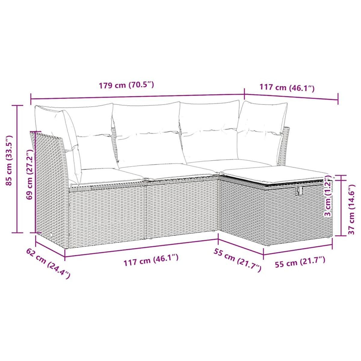 Diagramm eines grauen Outdoor-Ecksofas mit Abmessungen in cm und Zoll.