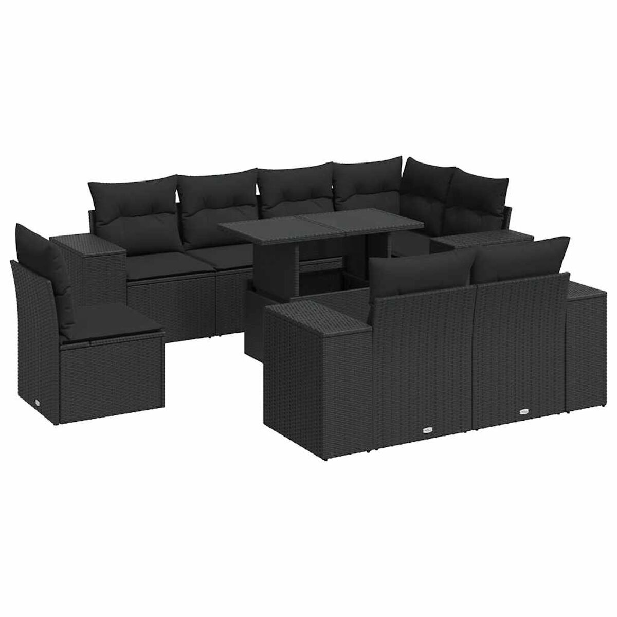 Un divano componibile in rattan nero con cuscini e un tavolo abbinato. Ha molteplici configurazioni di seduta.