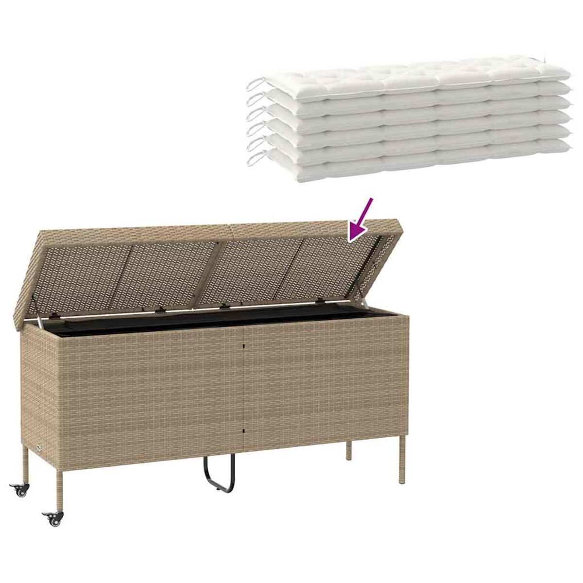 Beiger Rattan-Aufbewahrungskasten mit offenem Deckel, weißen Kissen und einem Stapel Kissen im Hintergrund.