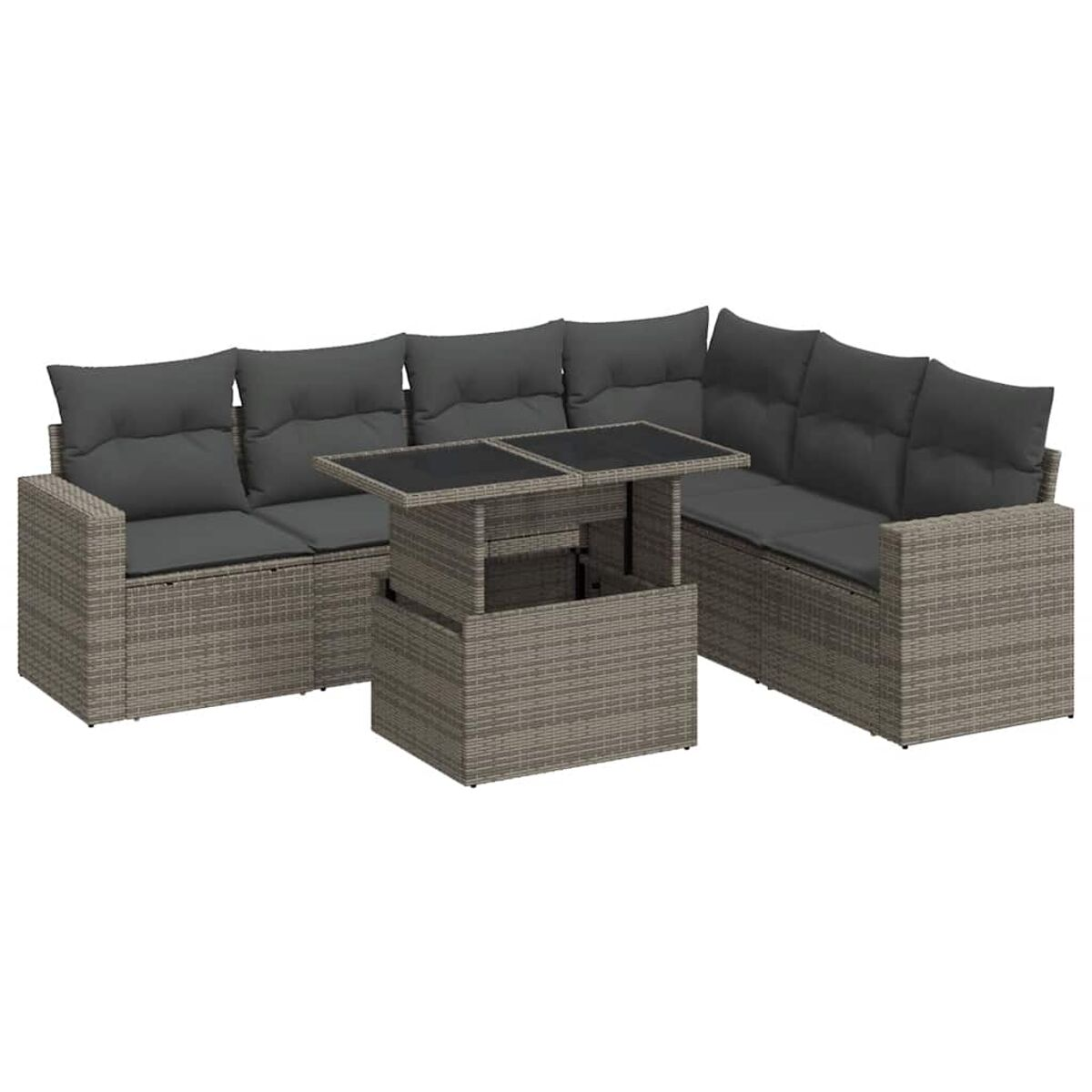Un set di divani da esterno in rattan grigio con un tavolo.