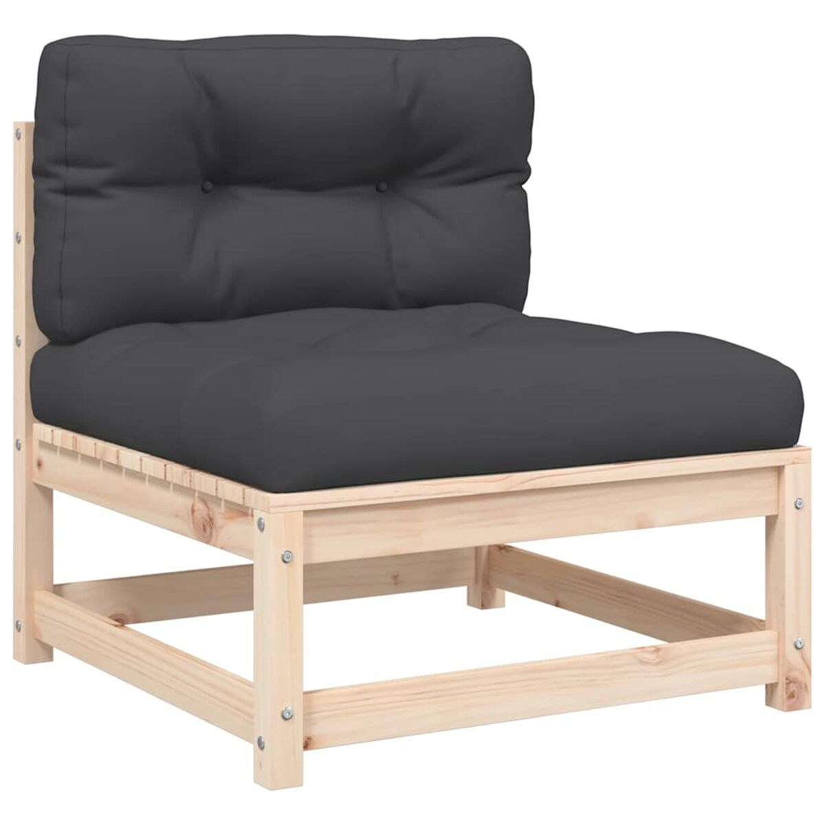 Graues Kissen auf hellem Holzrahmen. Einfaches, kastenförmiges Design.