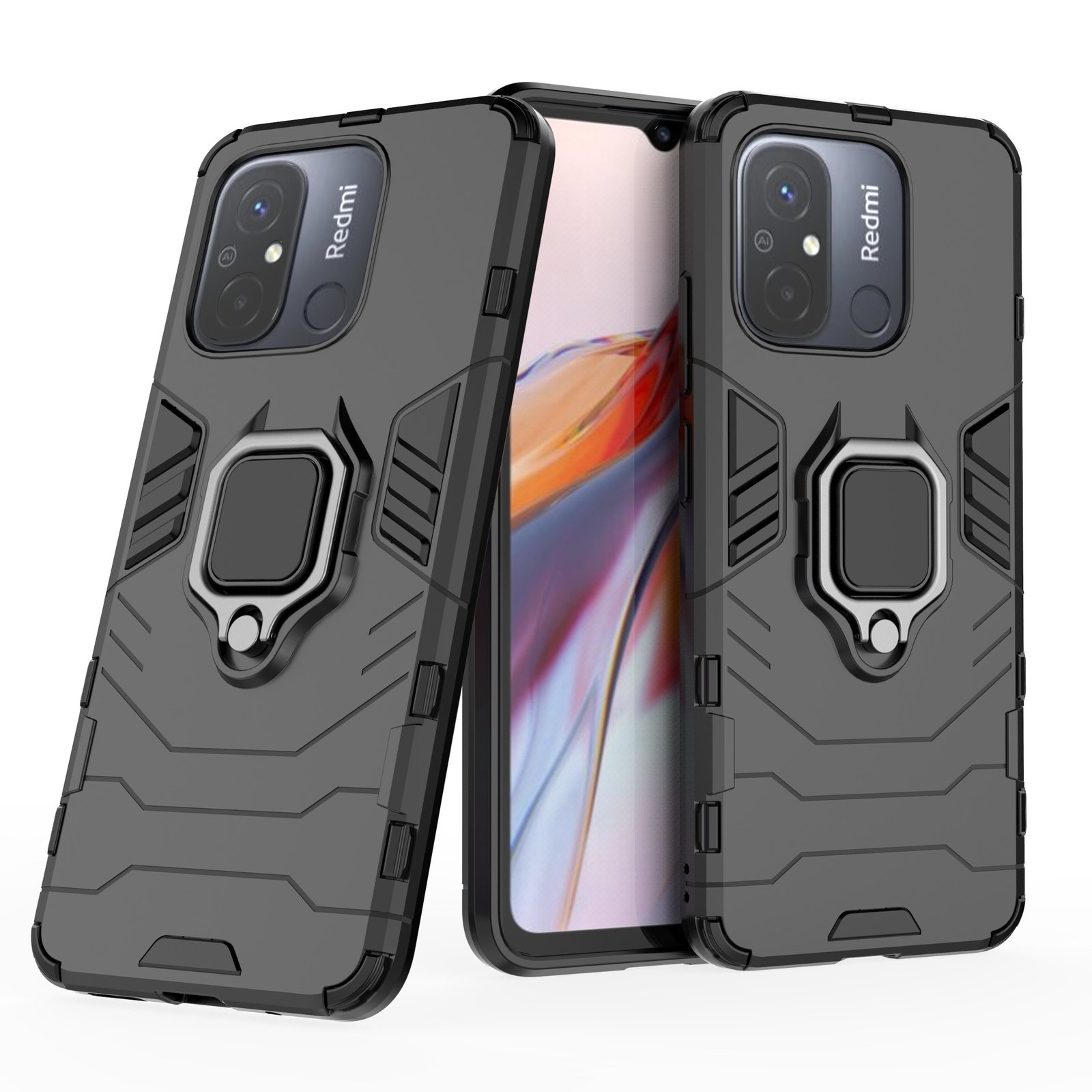 Tres fundas grises sobre superficie blanca, logo Redmi visible.