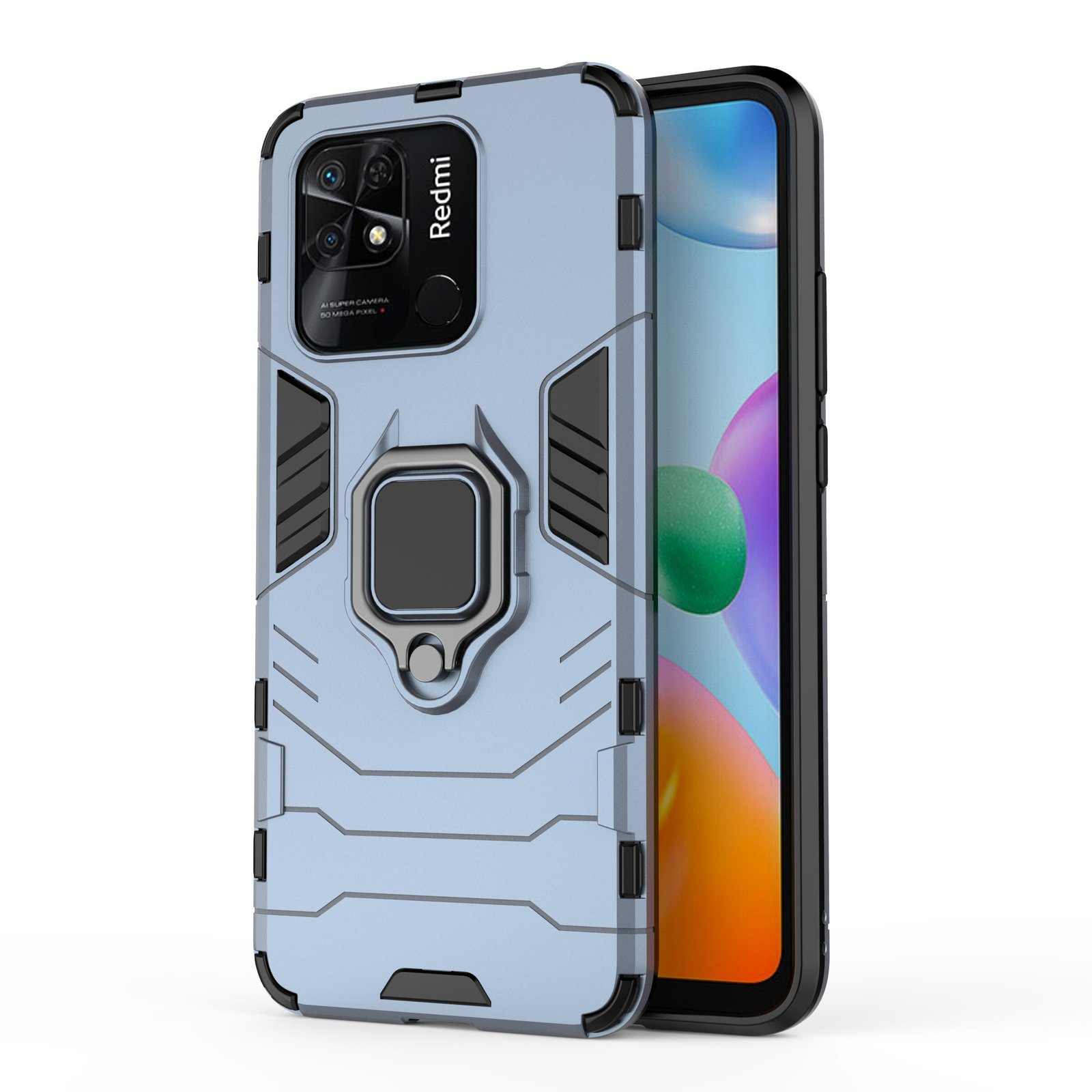 Funda de teléfono azul claro con zona de cámara, anillo y diseño protector, sobre fondo blanco.