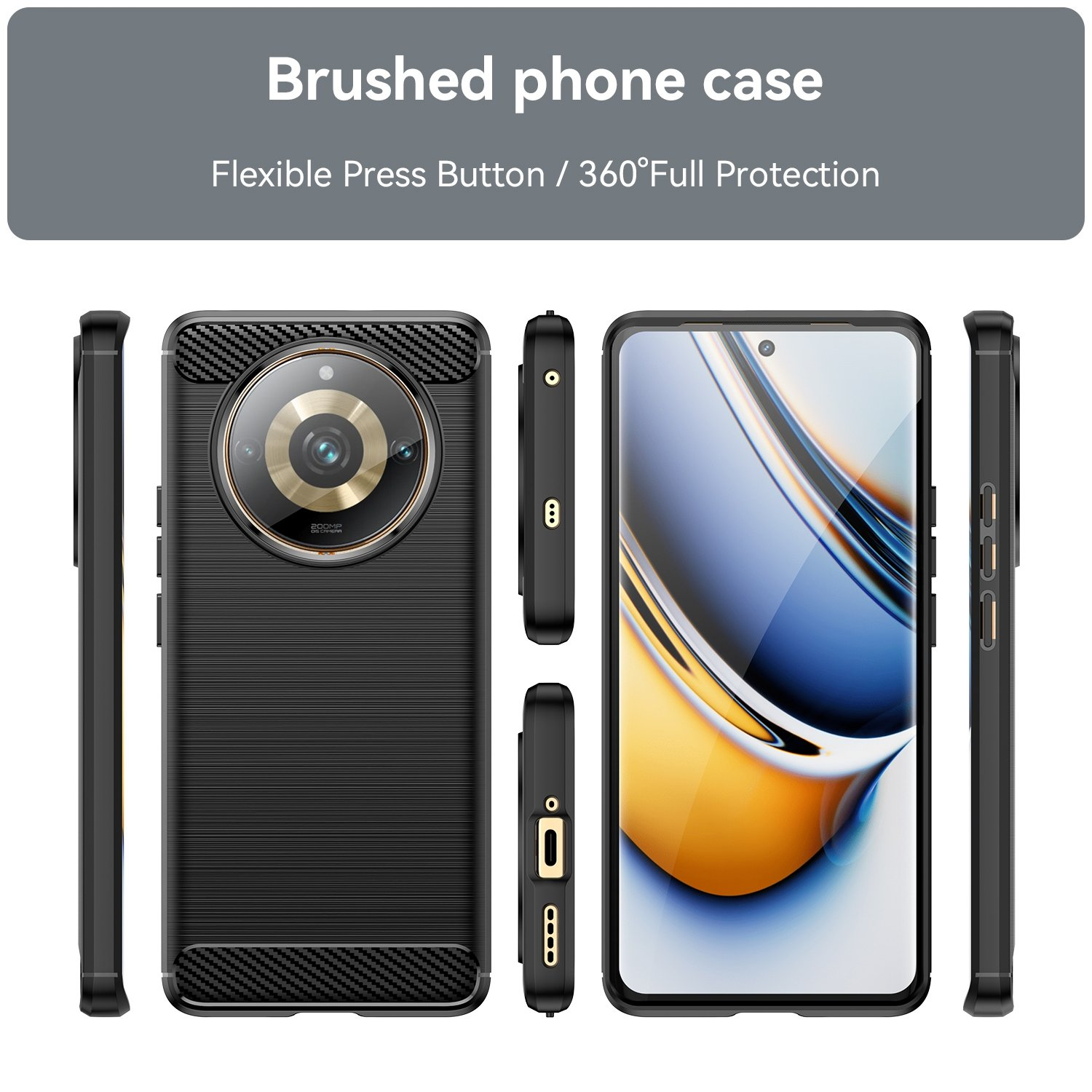 Funda negra con parte trasera texturizada, mostrando un teléfono con pantalla brillante.