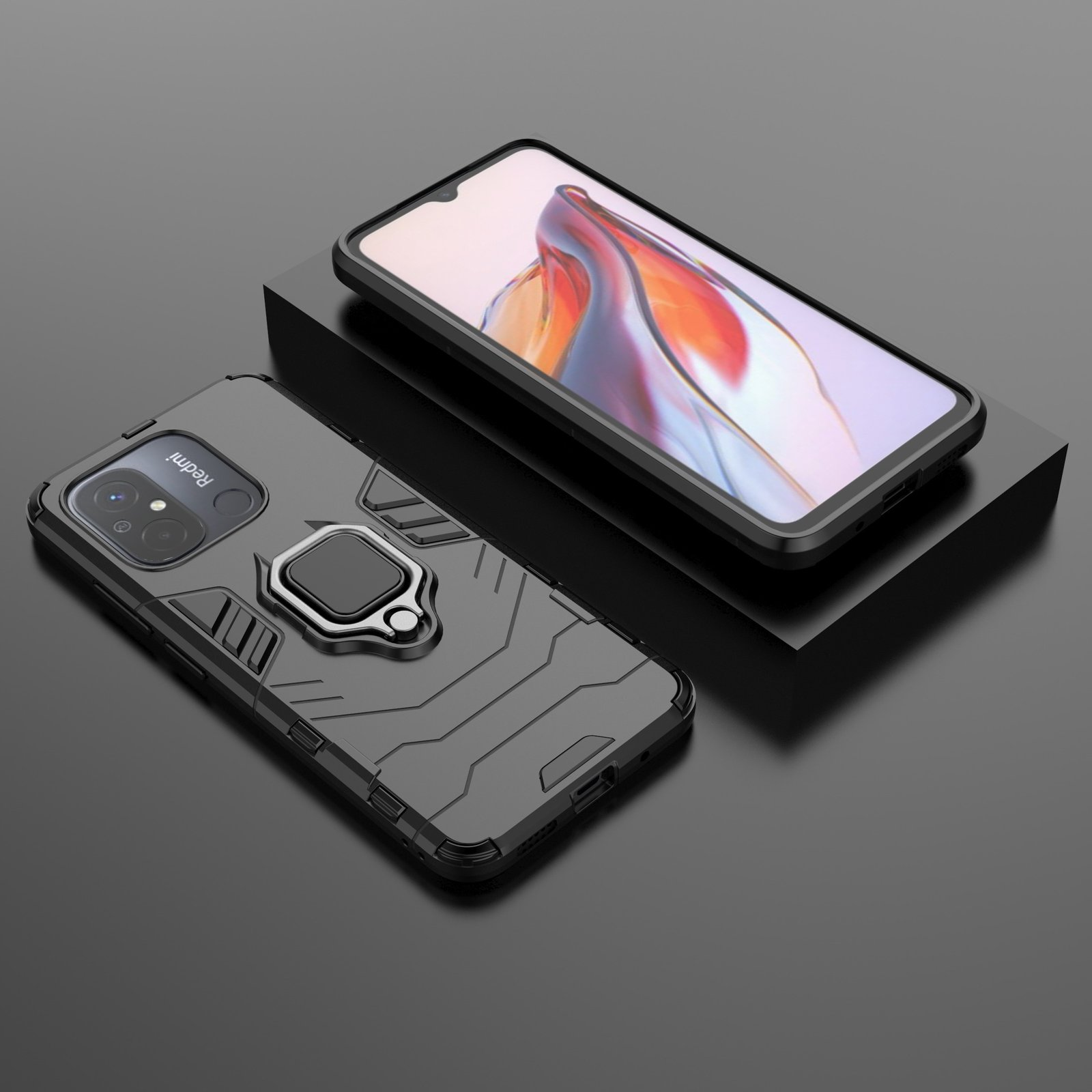 Fundas de teléfono con soporte de anillo y un teléfono con pantalla clara son visibles.