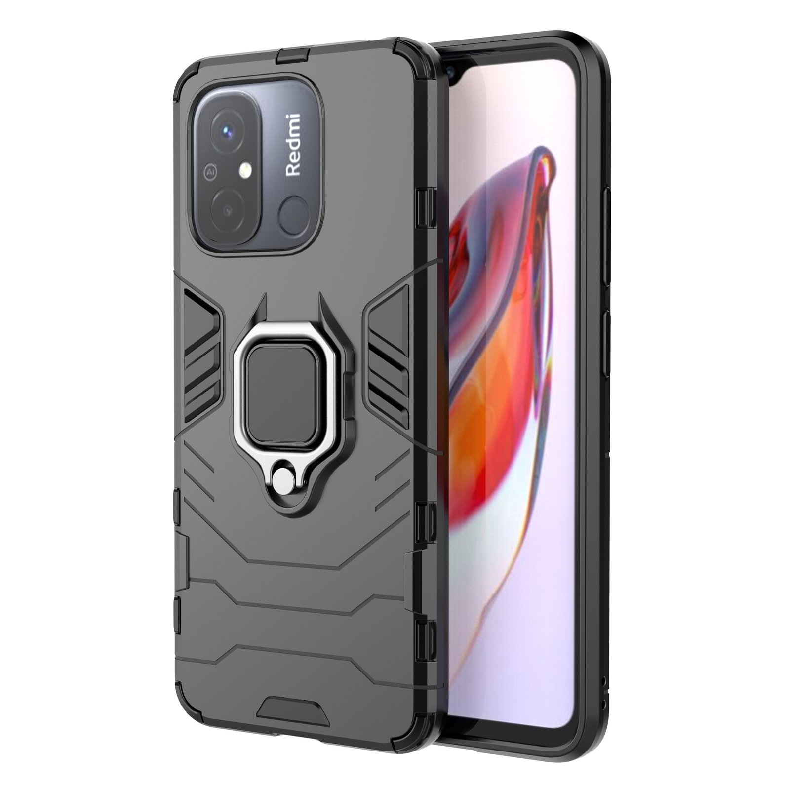 Teléfono en una funda protectora gris y negra. La funda tiene soporte.