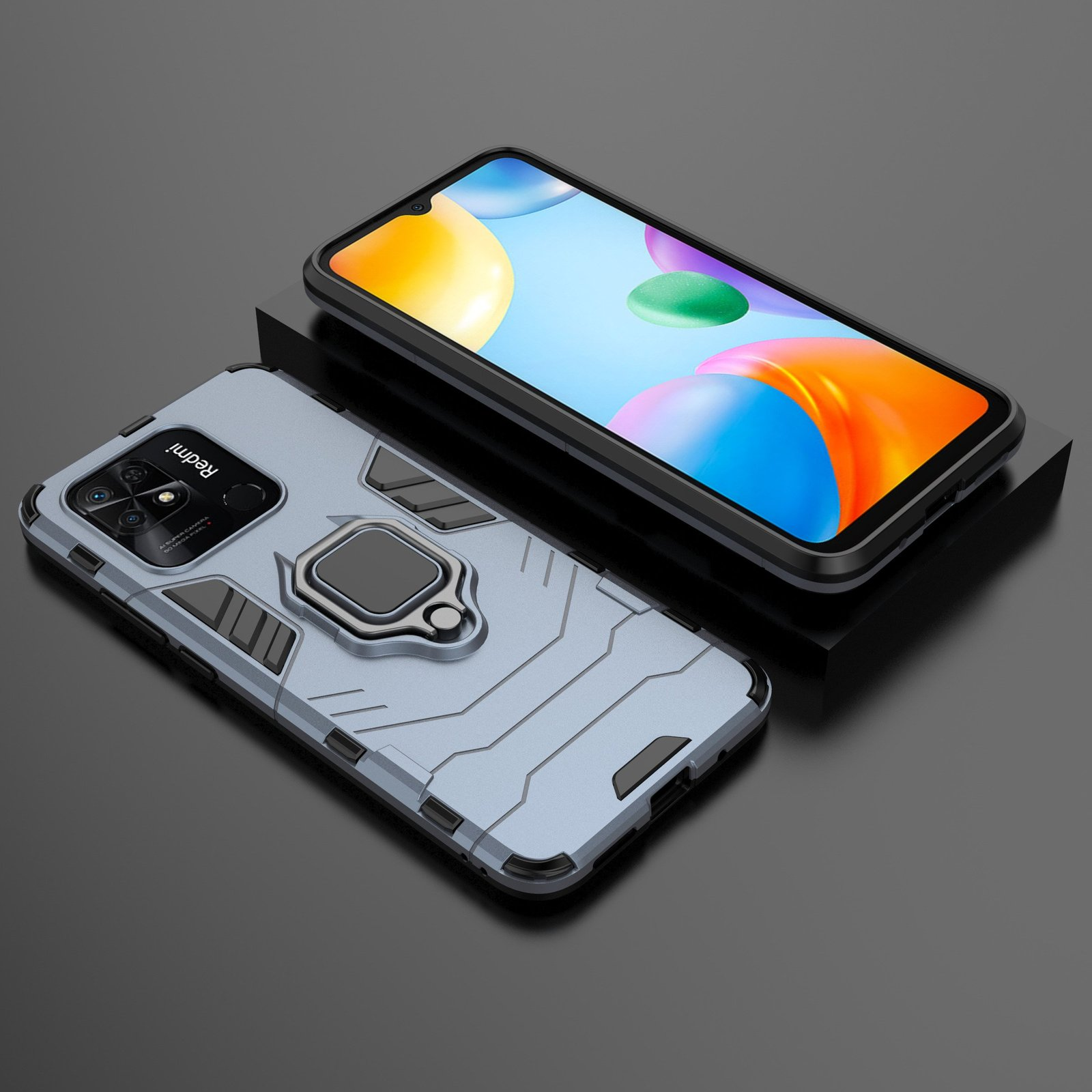 Dos teléfonos con fundas en una superficie oscura. Uno azul claro, el otro negro.