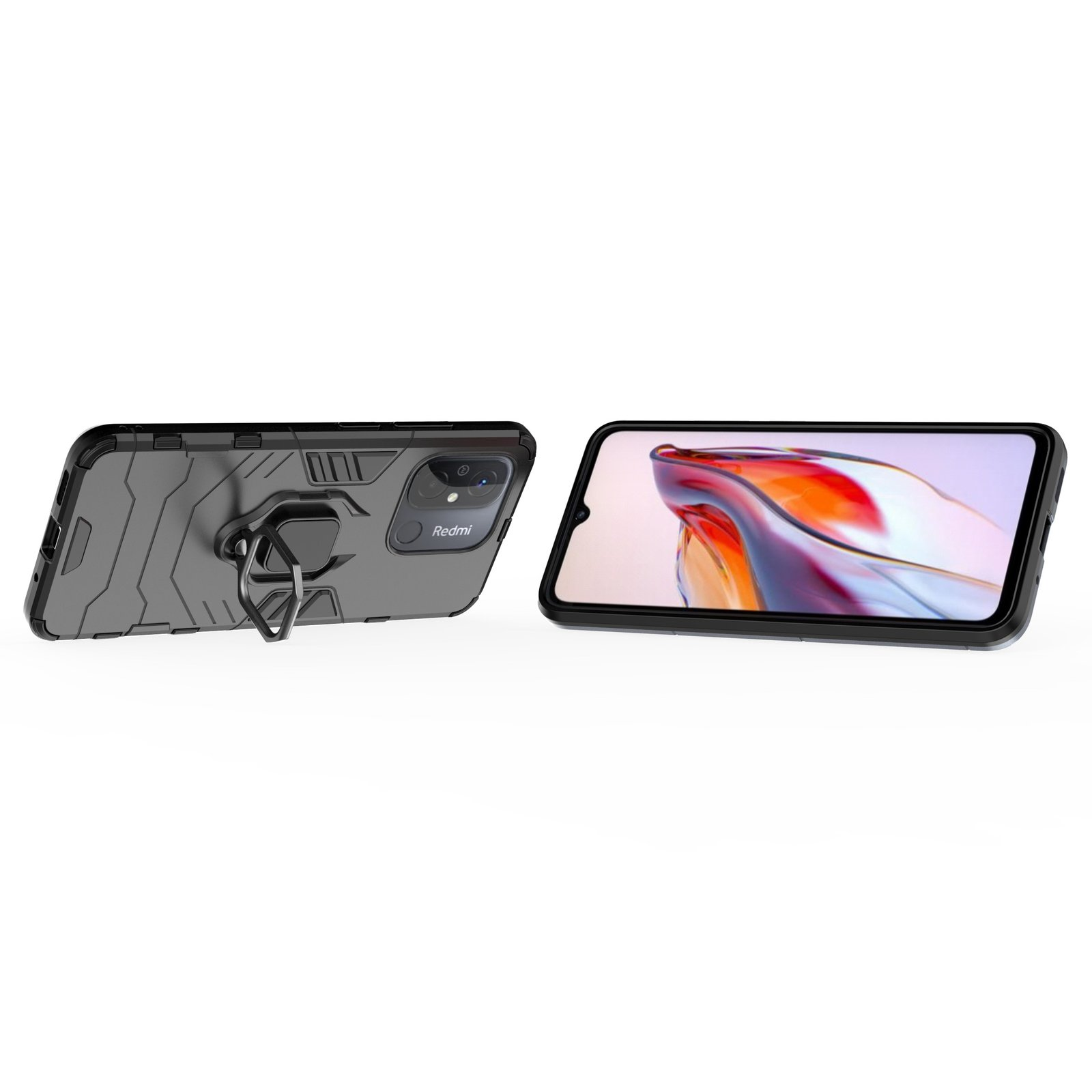 Funda de teléfono gris con teléfono rojo. El teléfono tiene un soporte para anillo.