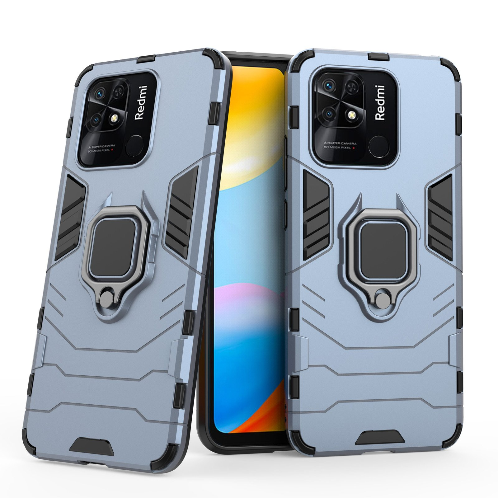 Dos fundas de teléfono azul claro con soportes de anillo junto a teléfonos. Fondo blanco.