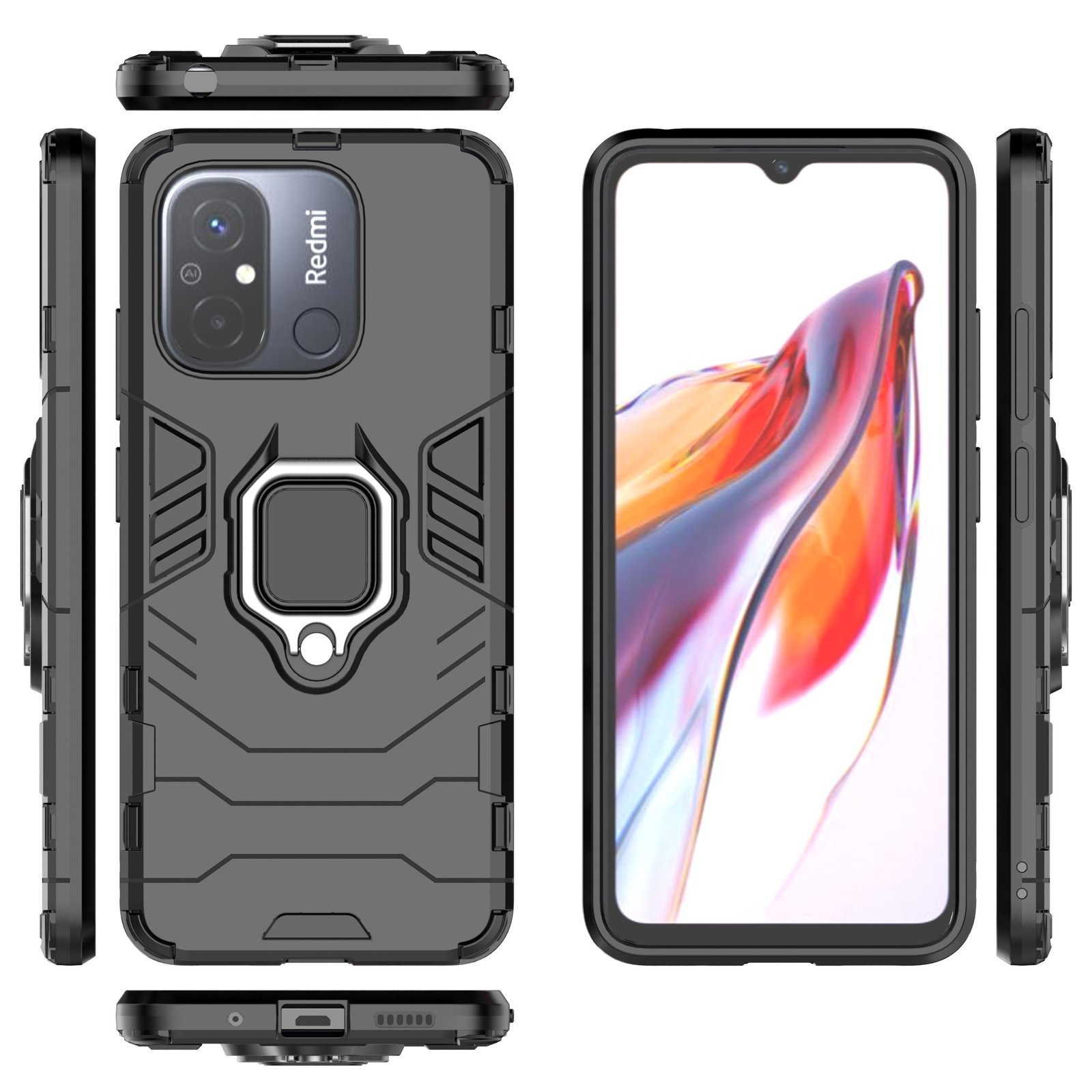 Múltiples vistas de una funda gris que muestra el diseño del teléfono y el soporte del anillo.