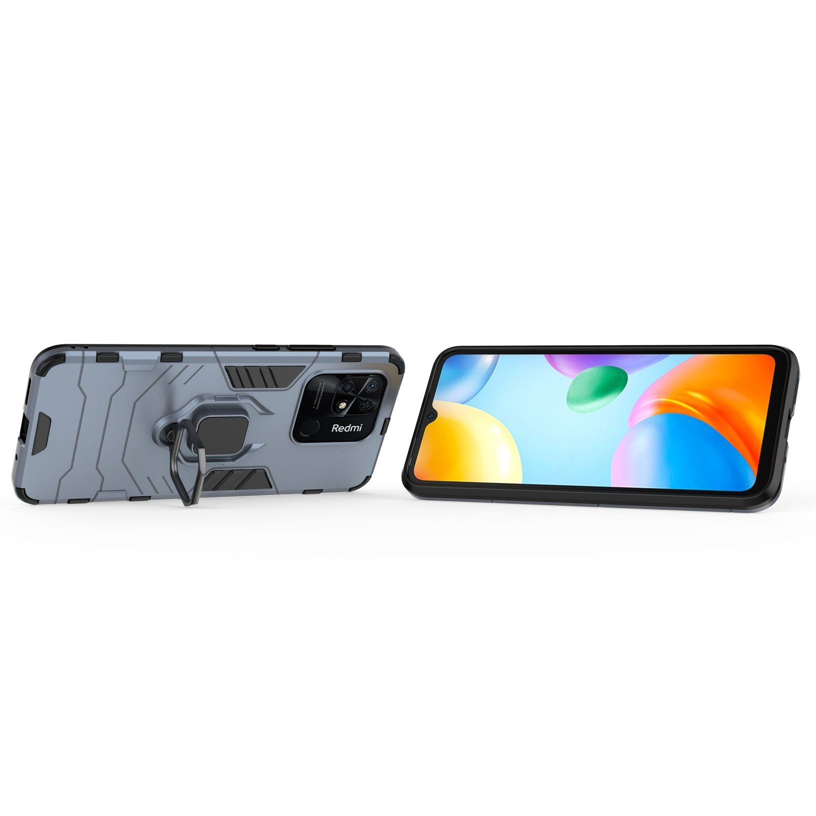 Teléfono con funda gris. La funda tiene soporte de anillo. Pantalla del teléfono encendida. Teléfono en ángulo.