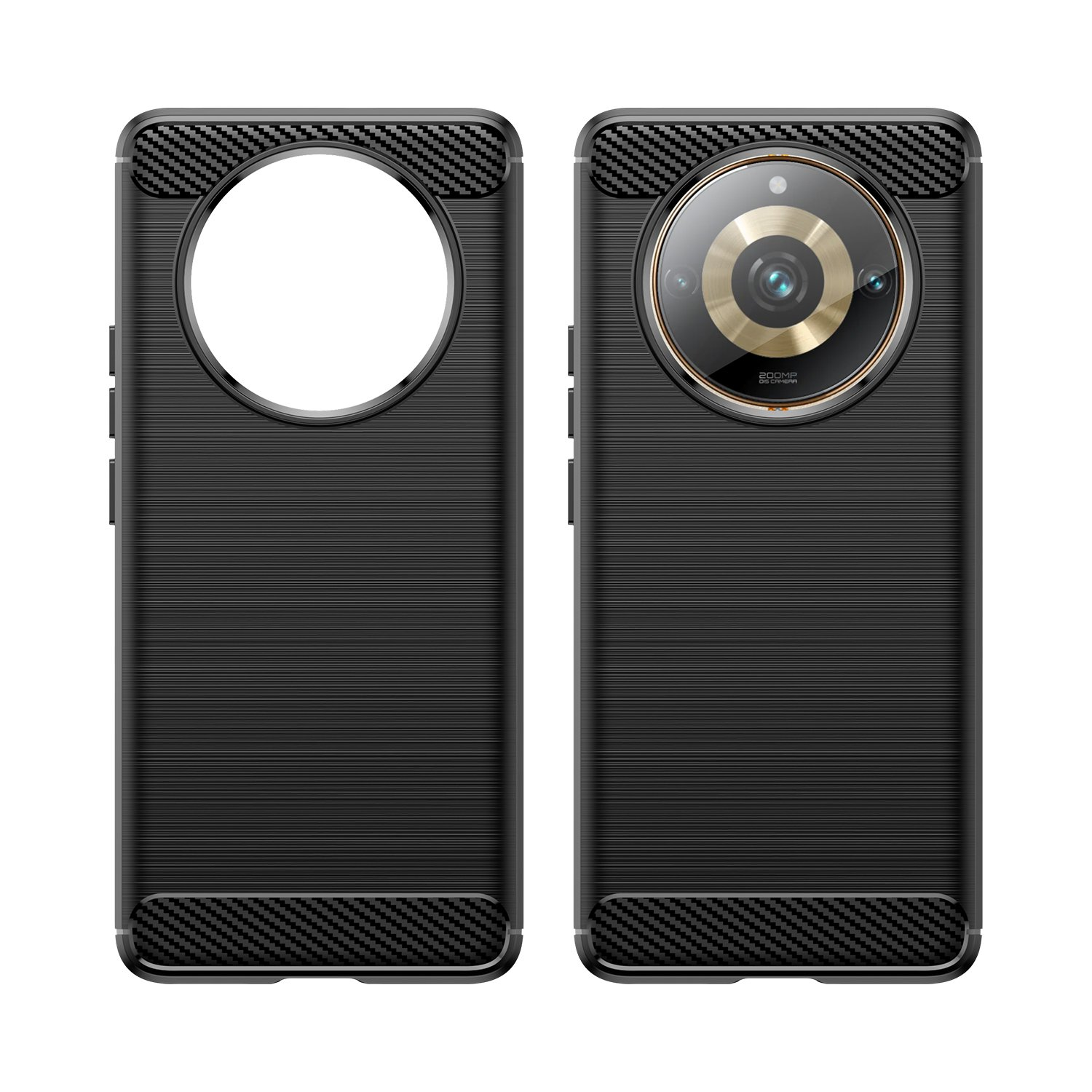 Funda negra para teléfono con un gran recorte circular y protección de cámara.