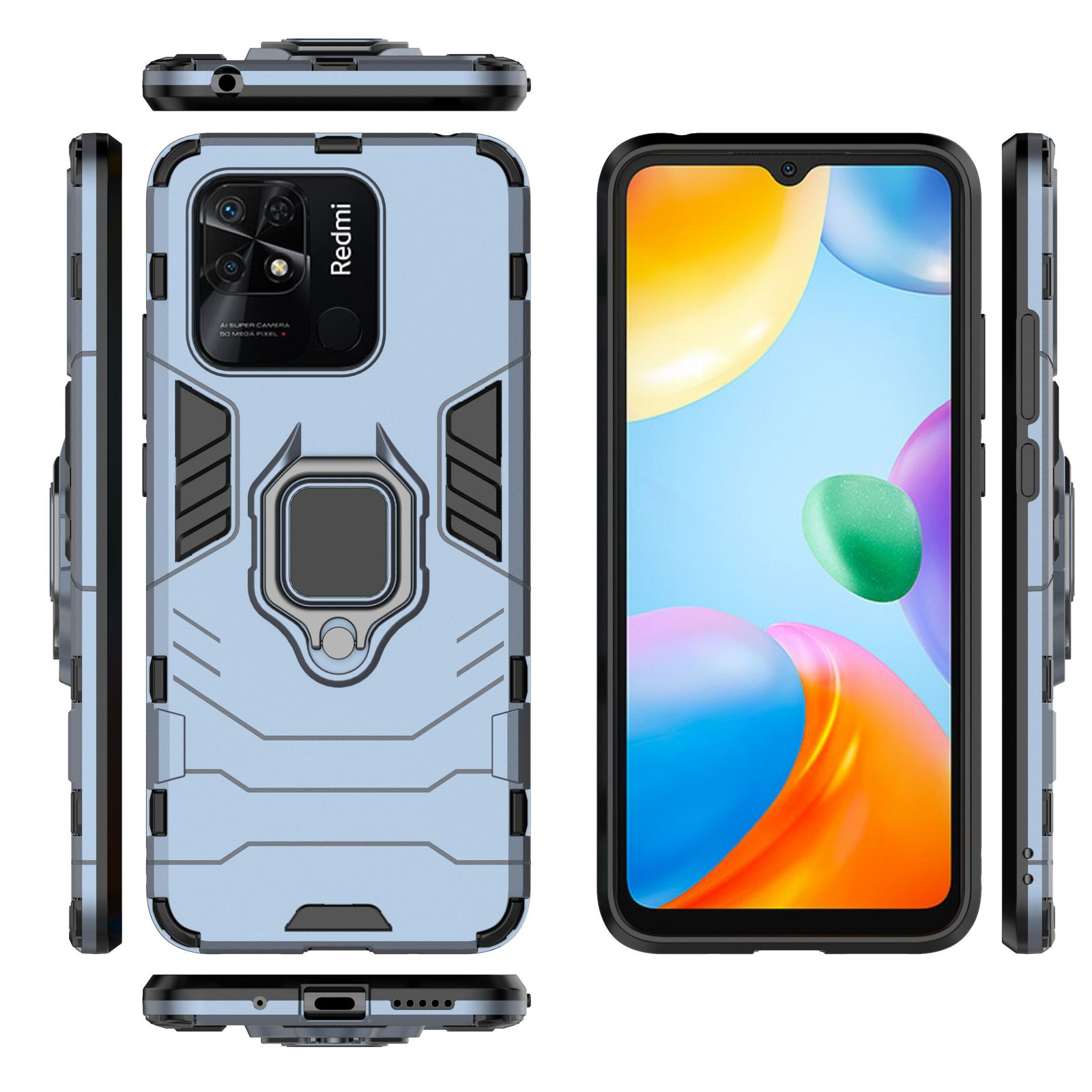 Funda azul claro con soporte de anillo y pantalla. Se muestran múltiples ángulos.