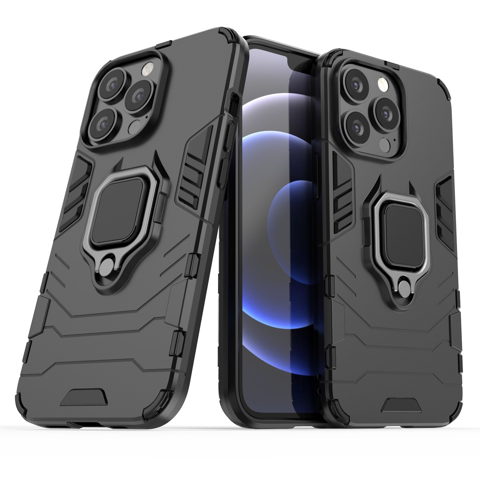 Fundas negras para teléfono con sujeta anillos, una con teléfono dentro. Lentes de cámara y botones visibles.