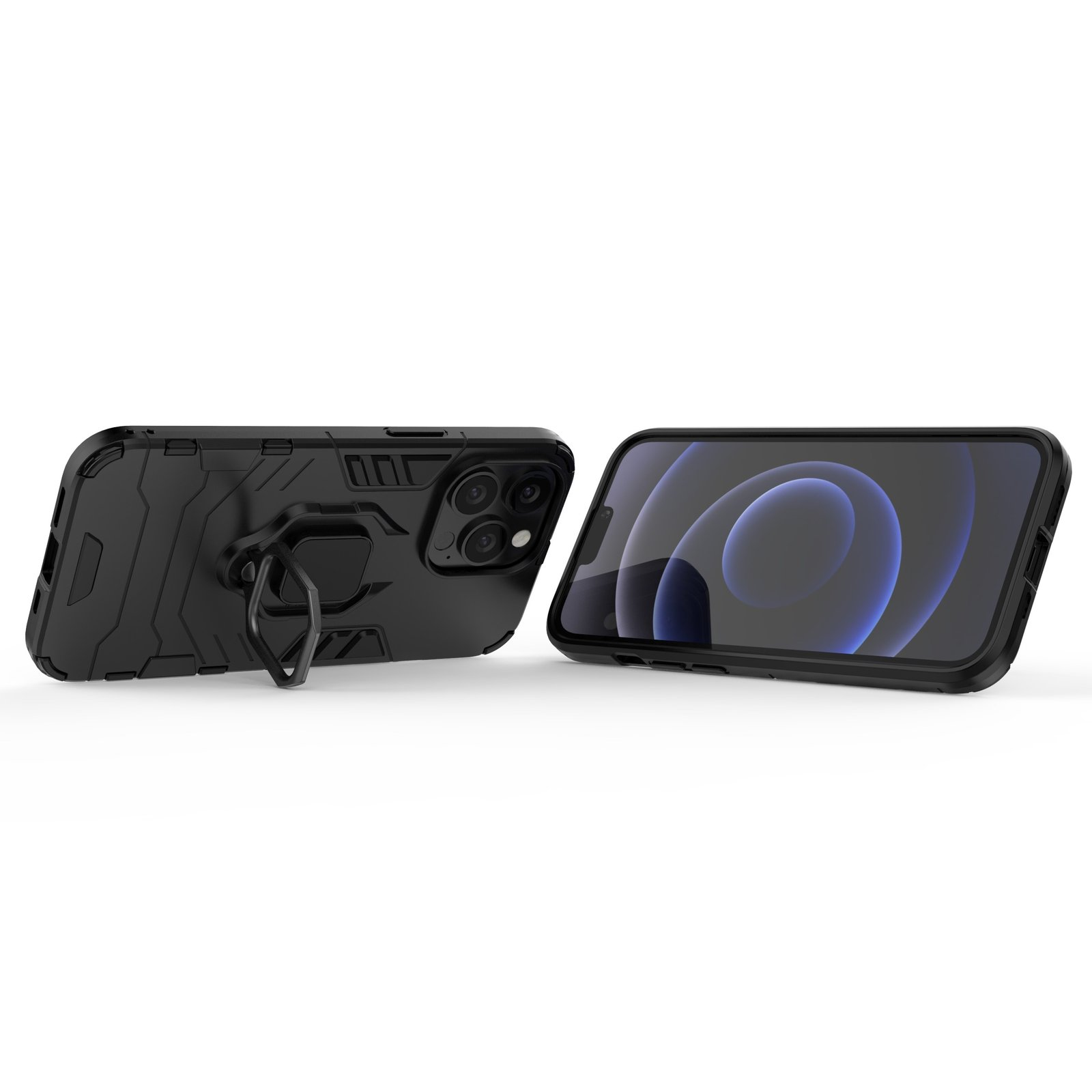 Funda negra con soporte de anillo. Teléfono de lado, mostrando la pantalla.