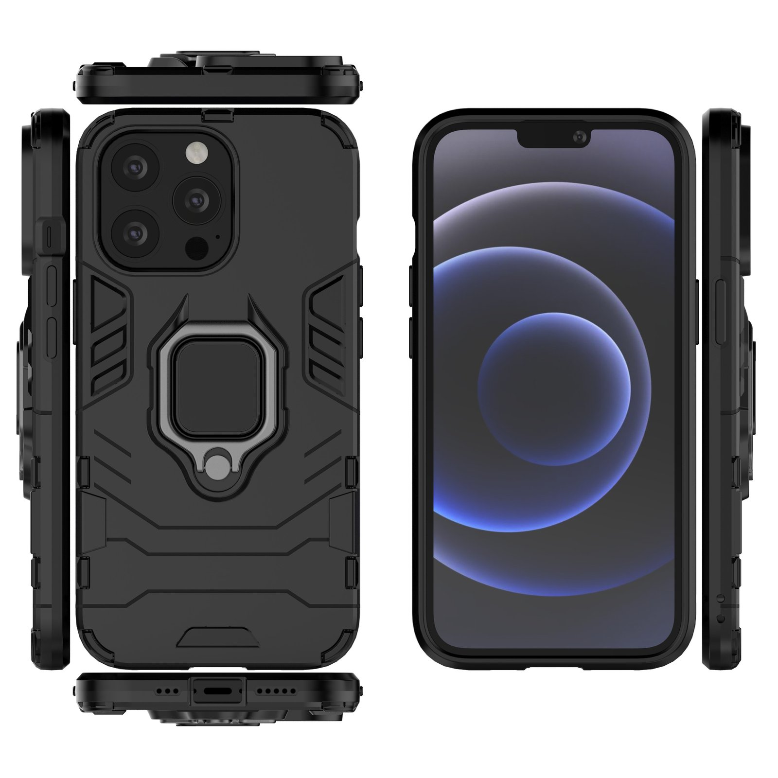 Fundas negras con anillos protectores, con un teléfono y su pantalla.