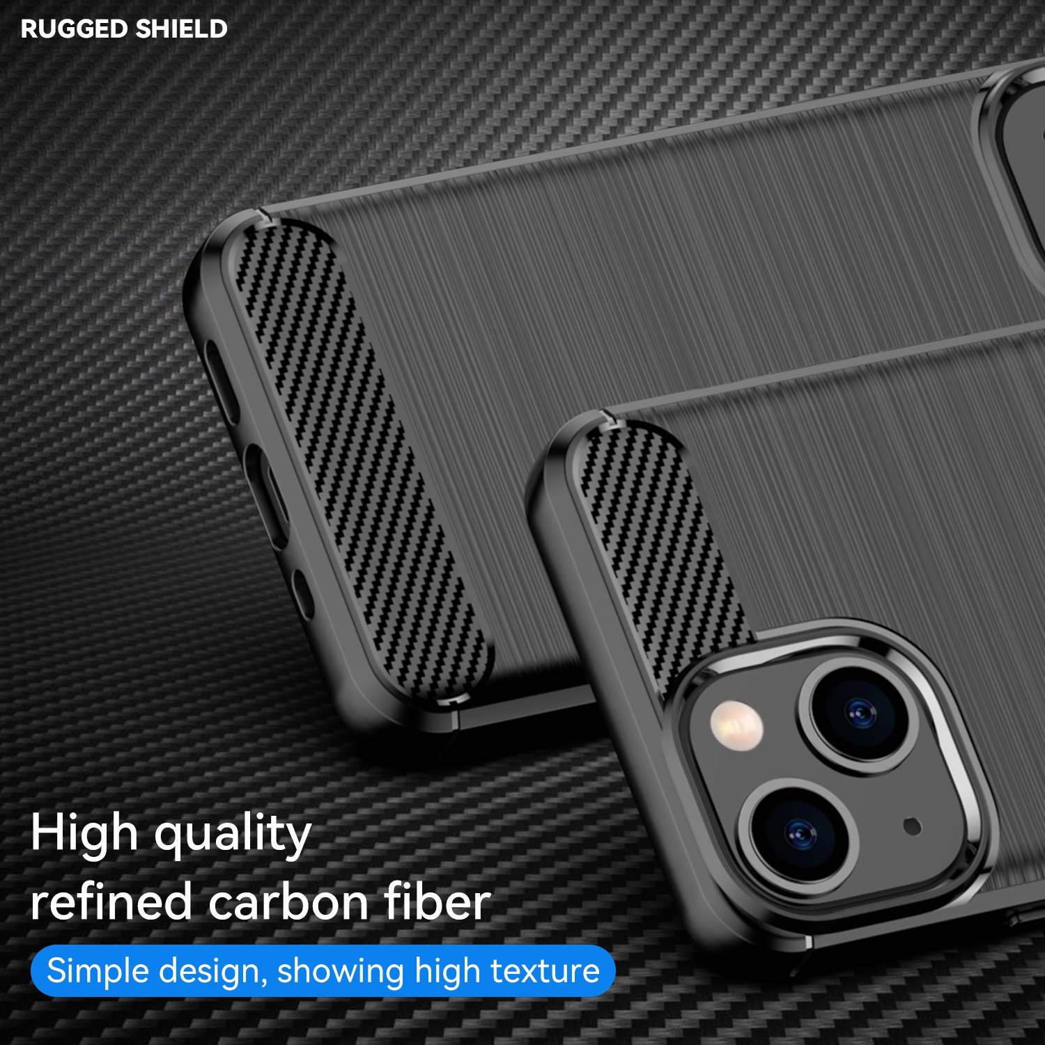 Primer plano de fundas negras para teléfono. Tiene textura de fibra de carbono. El texto dice 'Rugged shield'.