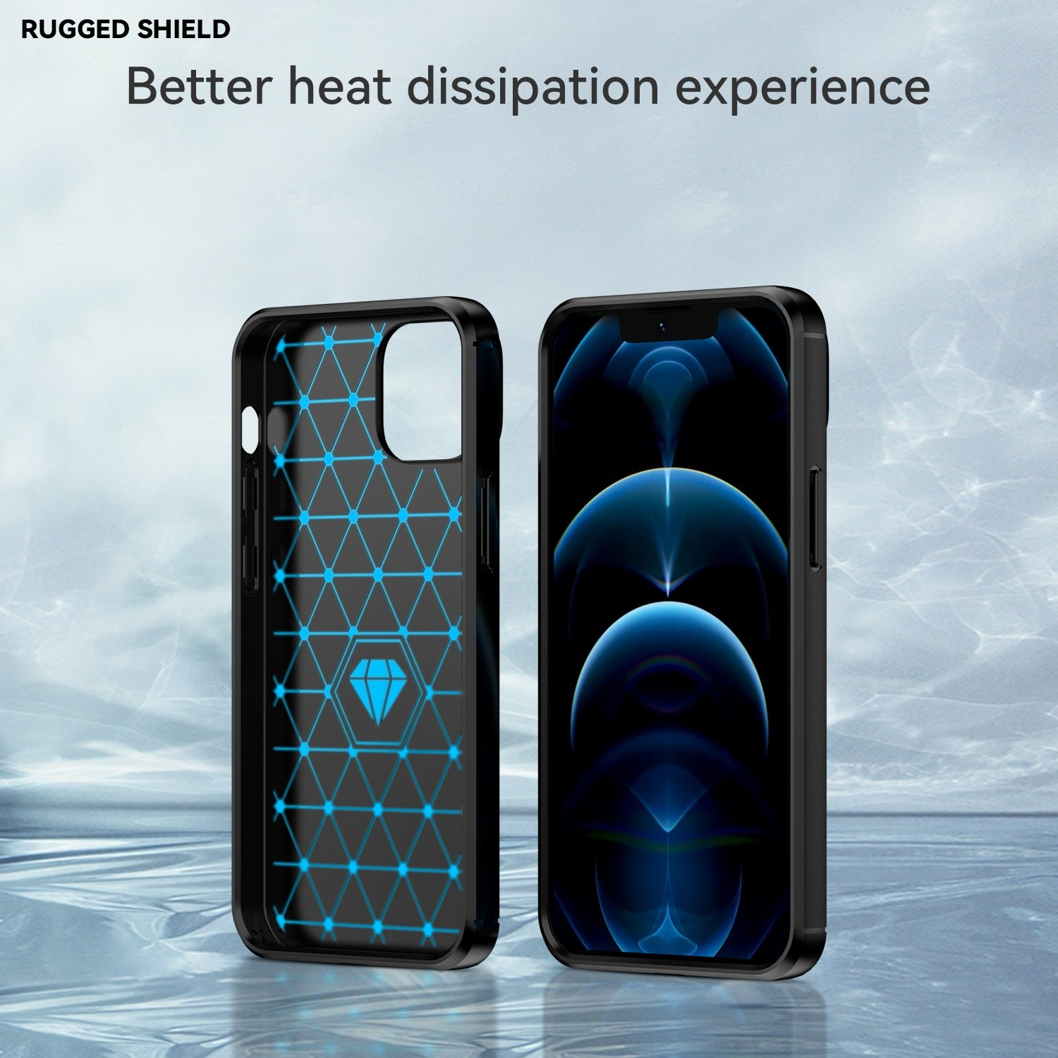 Funda de teléfono negra con diseño azul y logotipo de diamante, Rugged Shield. Mejor disipación del calor.