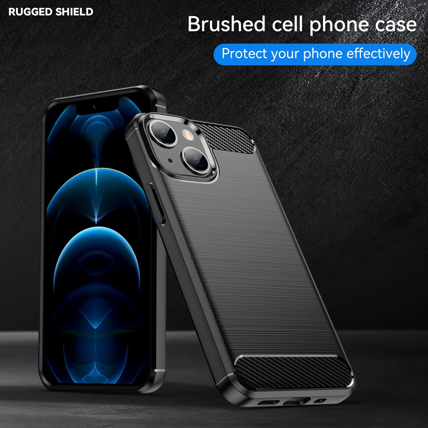 Funda negra con textura cepillada, junto a un teléfono con imagen de ondas azules.