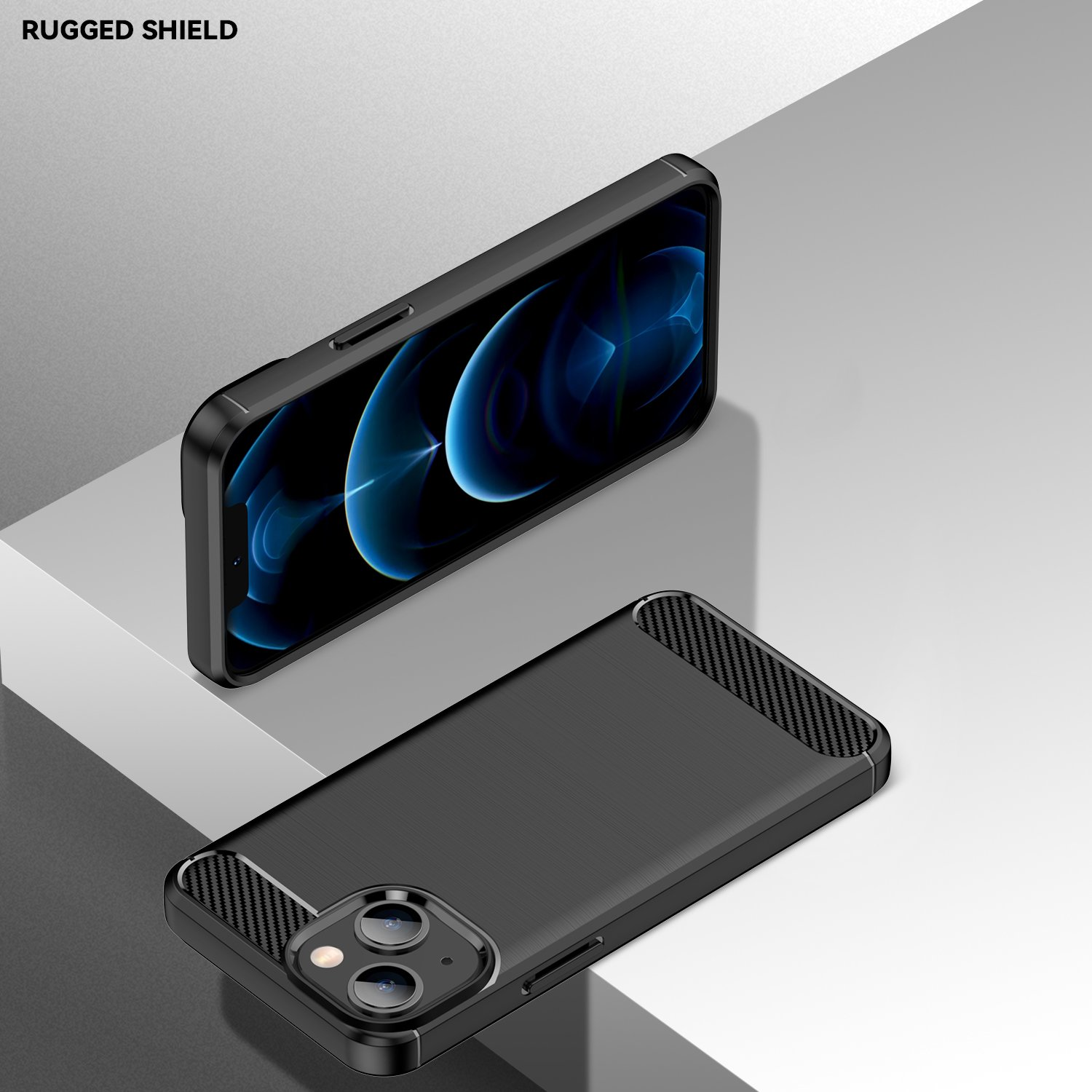Dos fundas negras para teléfono; una vertical y otra plana. Ambas tienen textura de fibra de carbono.