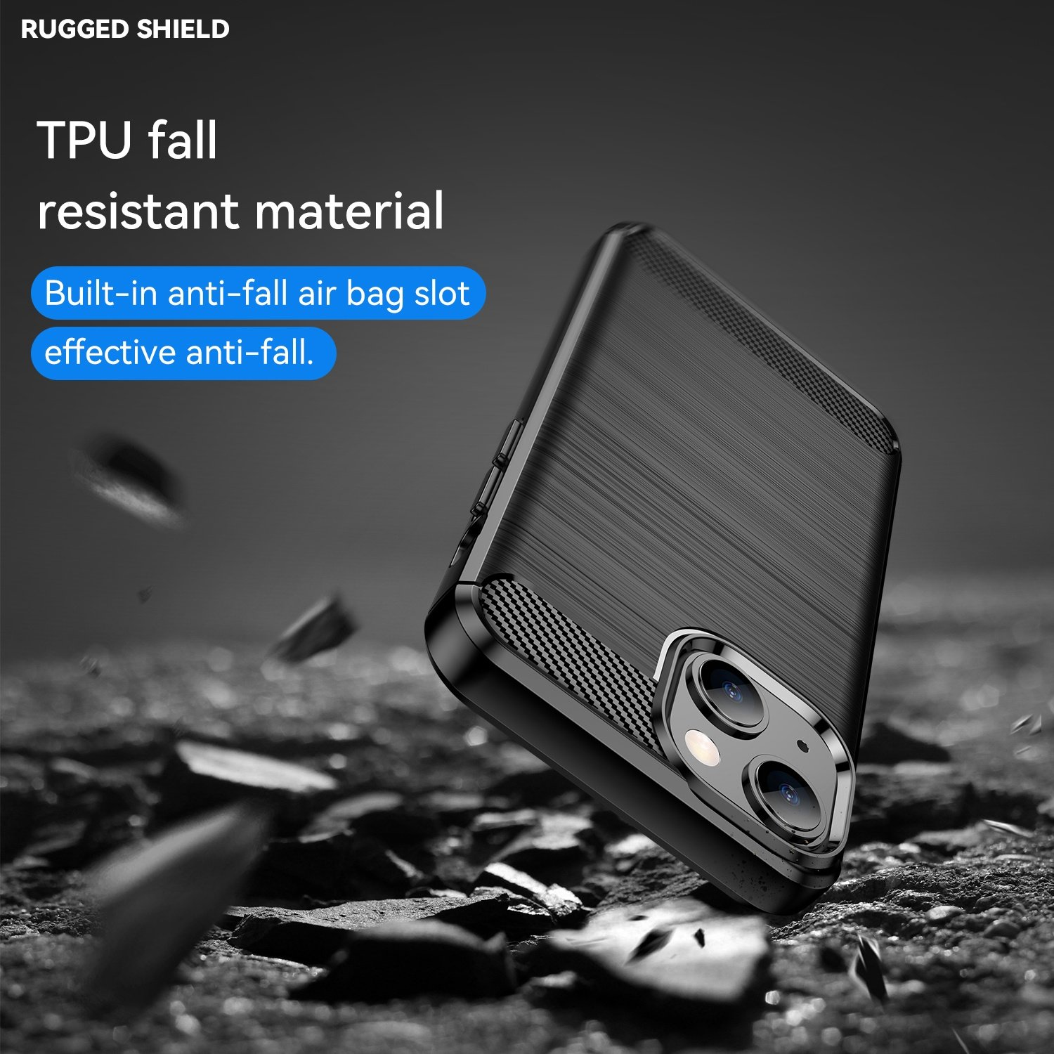 Primer plano de una funda de teléfono con superficie texturizada y un teléfono con un patrón de fibra de carbono negro.