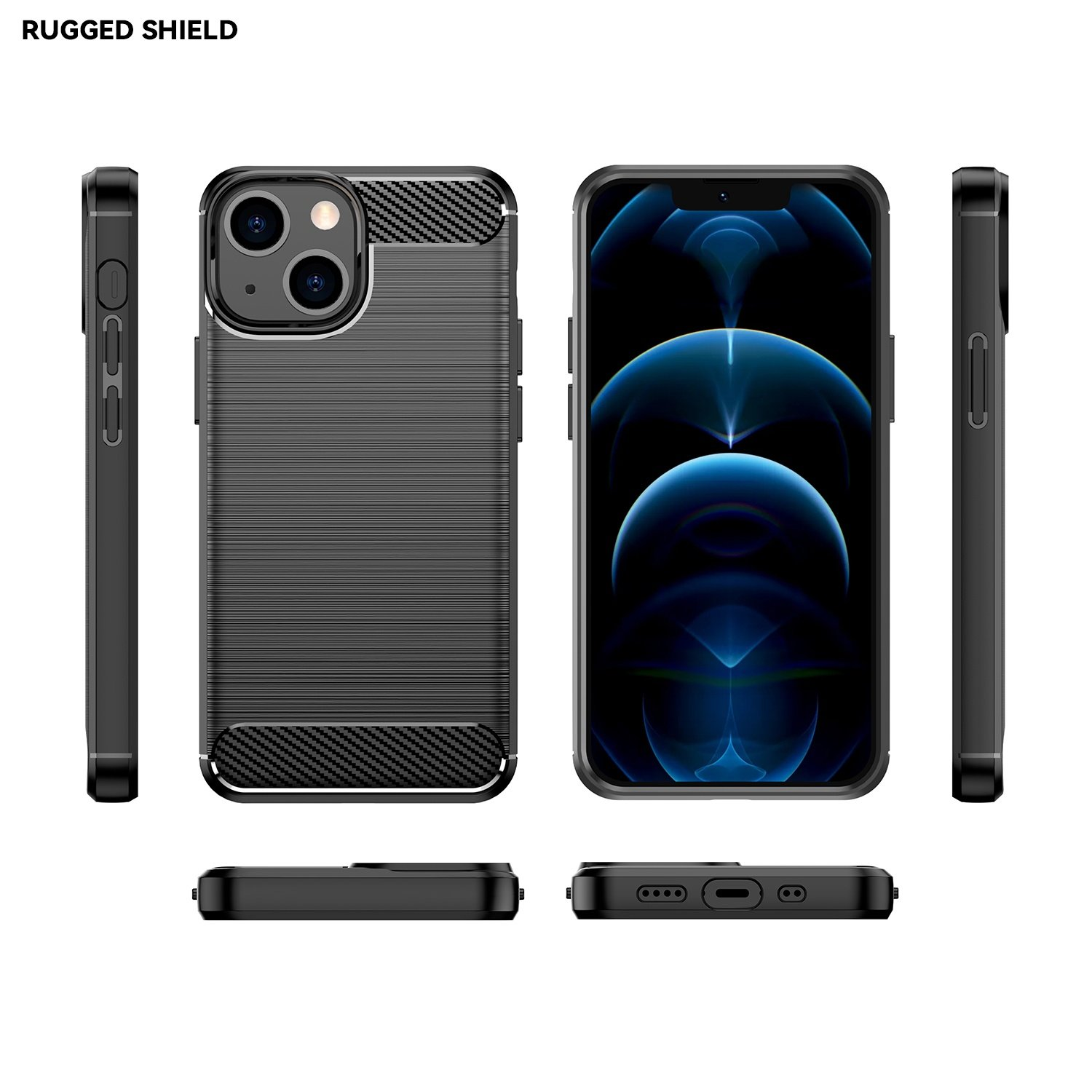 Múltiples vistas de un teléfono negro en funda protectora, mostrando diferentes ángulos.