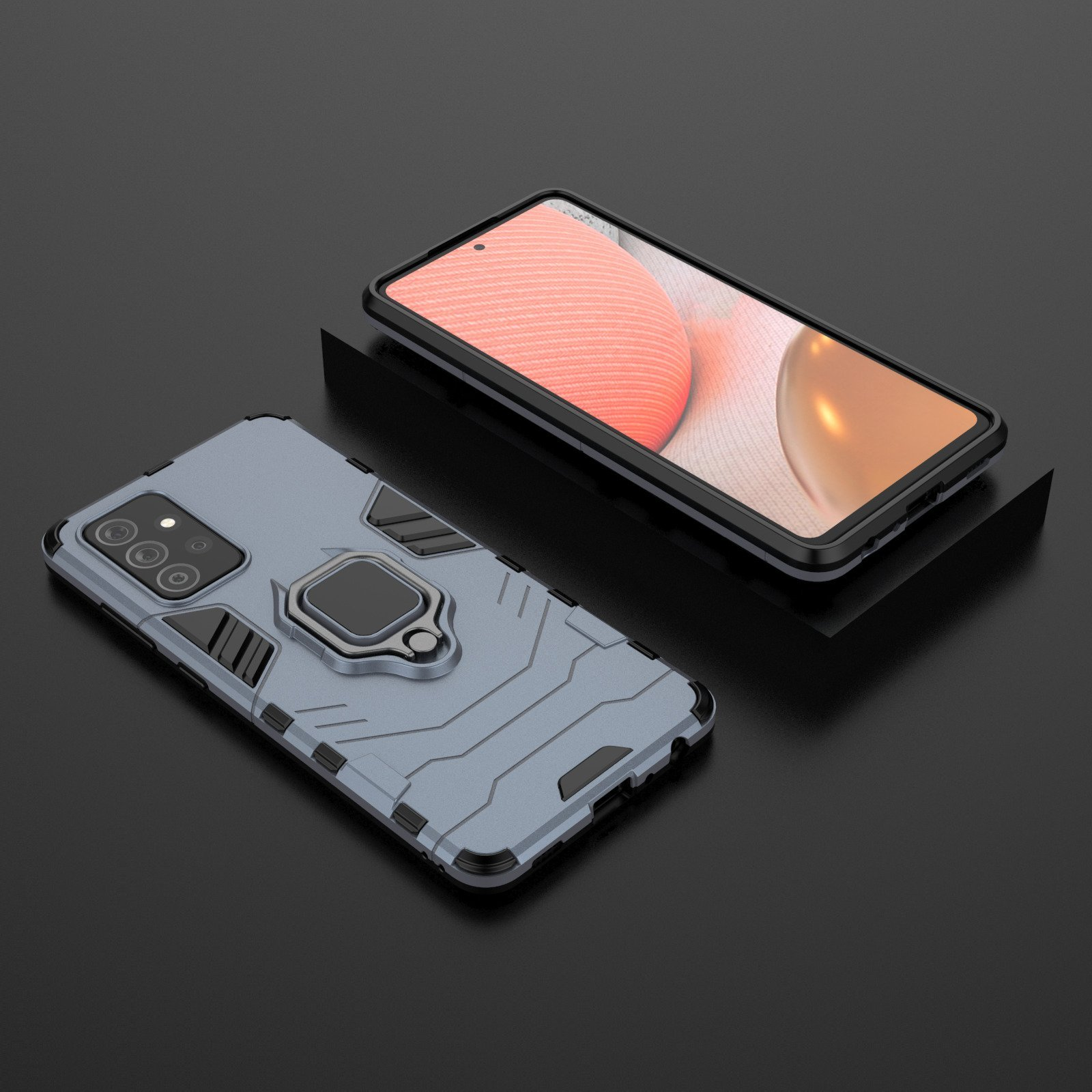 Dos fundas de teléfono: una con teléfono, funda gris y superficie negra.