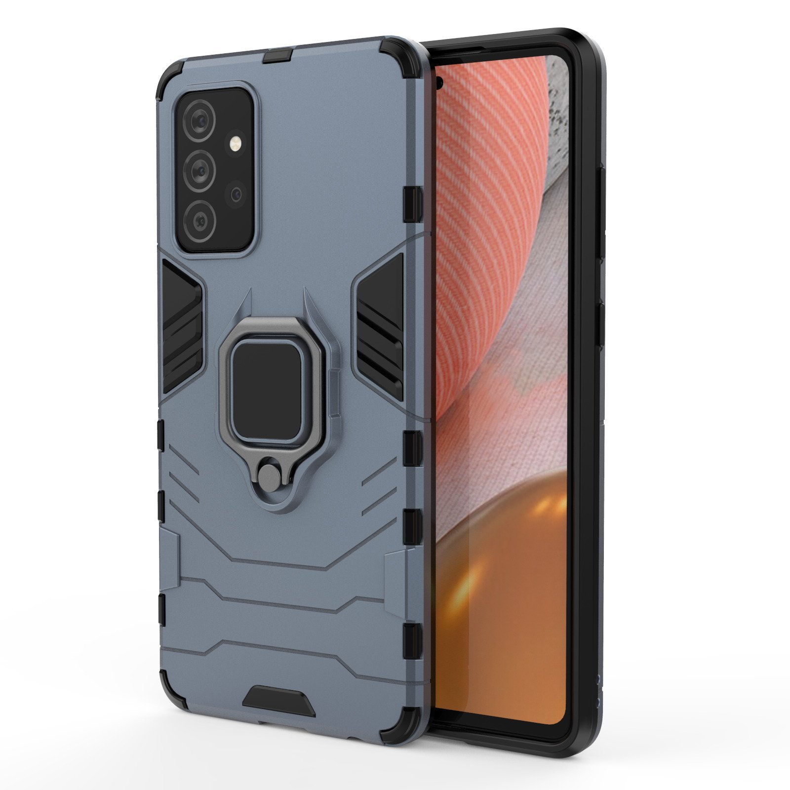 Funda de teléfono gris con soporte de anillo. Funda visible desde múltiples ángulos.