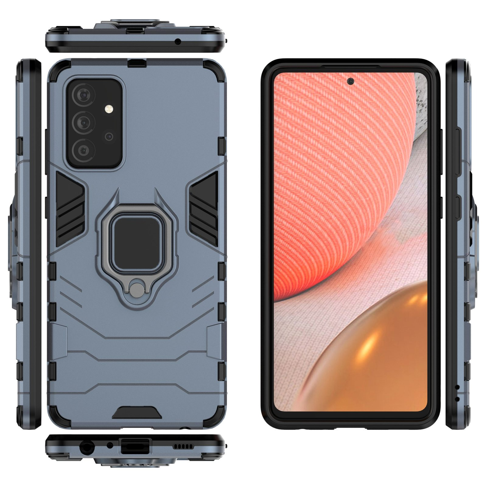 Tres vistas de una funda de teléfono azul claro con un soporte de anillo. El teléfono muestra una pantalla colorida.