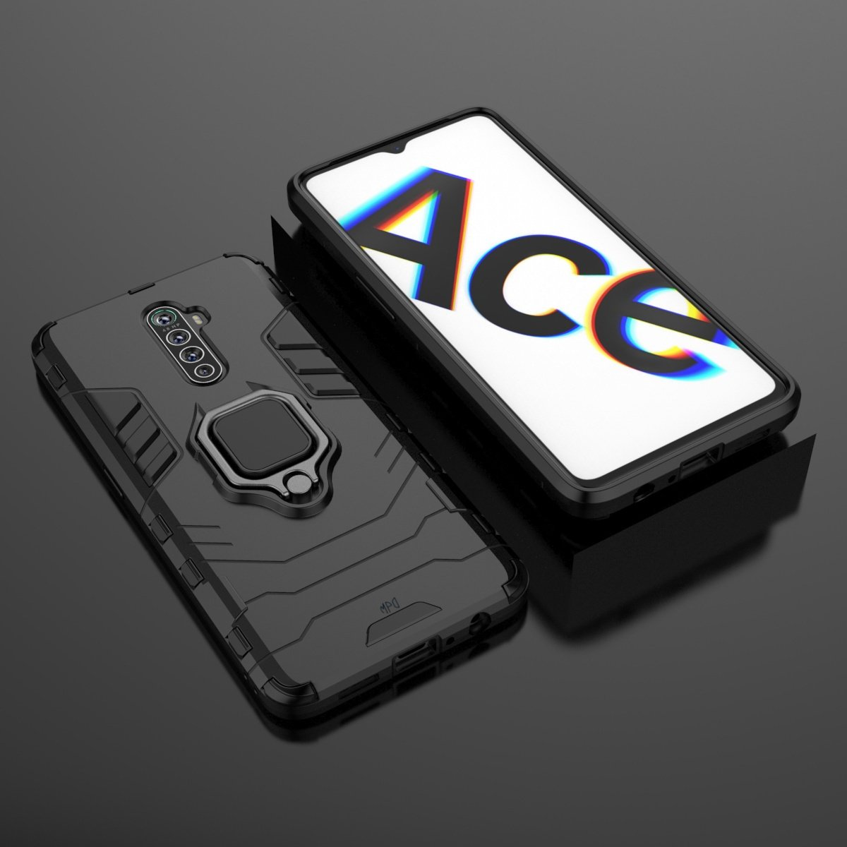 Dos teléfonos negros, uno en una funda. La funda tiene un soporte para anillo, un recorte para la cámara y una superficie negra.