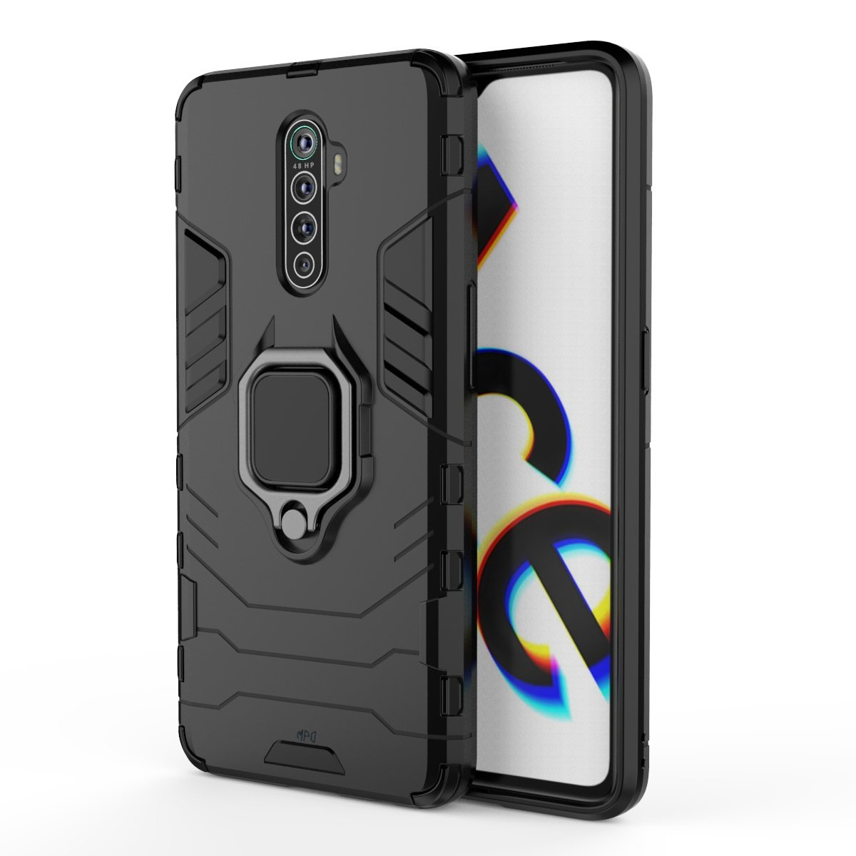 Un teléfono con funda negra y soporte de anillo. Una funda negra con recorte de cámara. Fondo blanco.