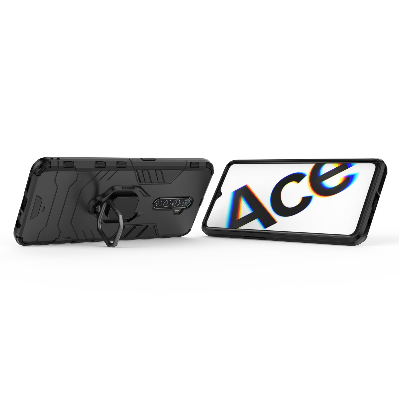 Dos teléfonos con fundas negras. Uno está de pie, otro horizontal con la palabra ACE en la pantalla.