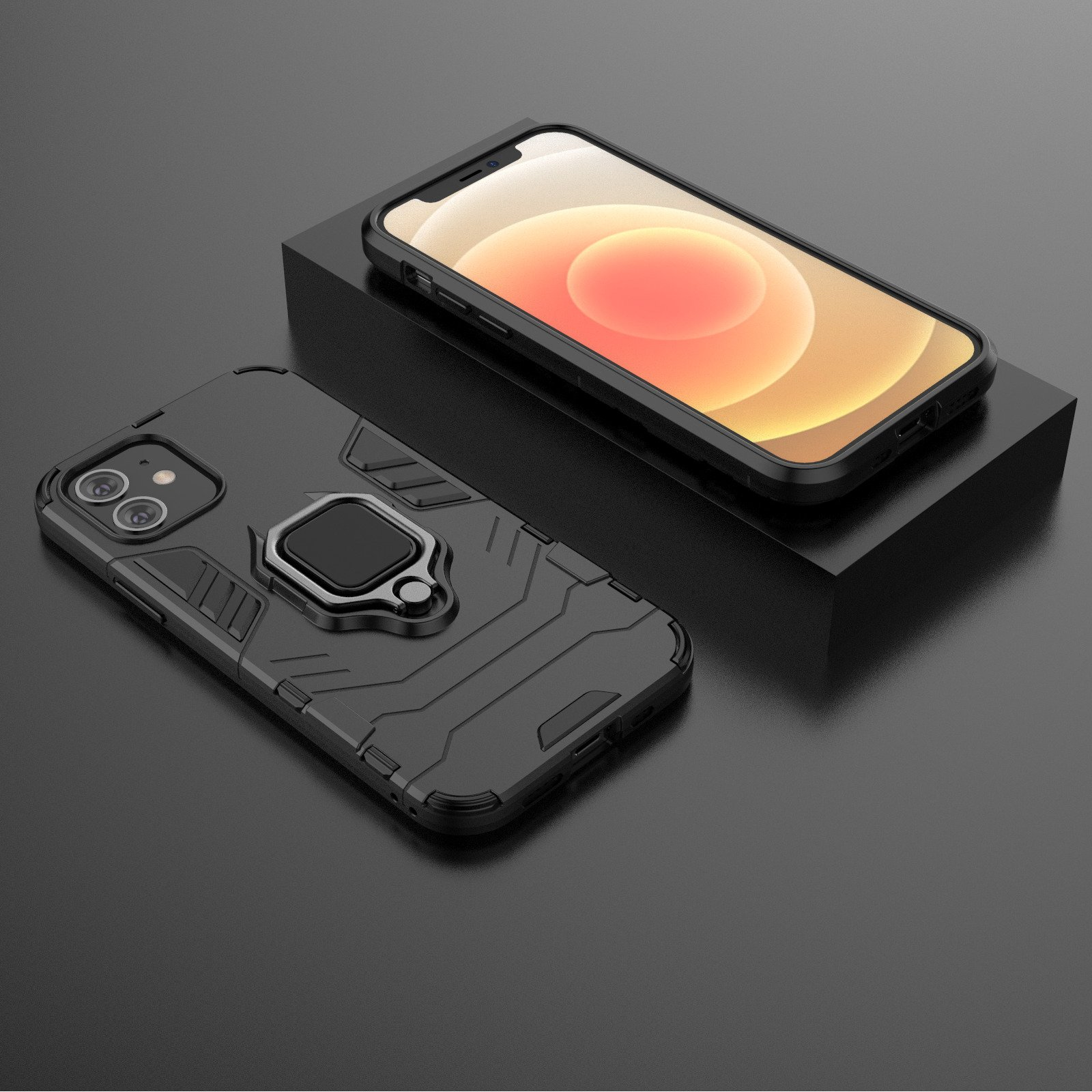 Funda de teléfono negra con soporte de anillo. El teléfono está sobre una superficie negra.