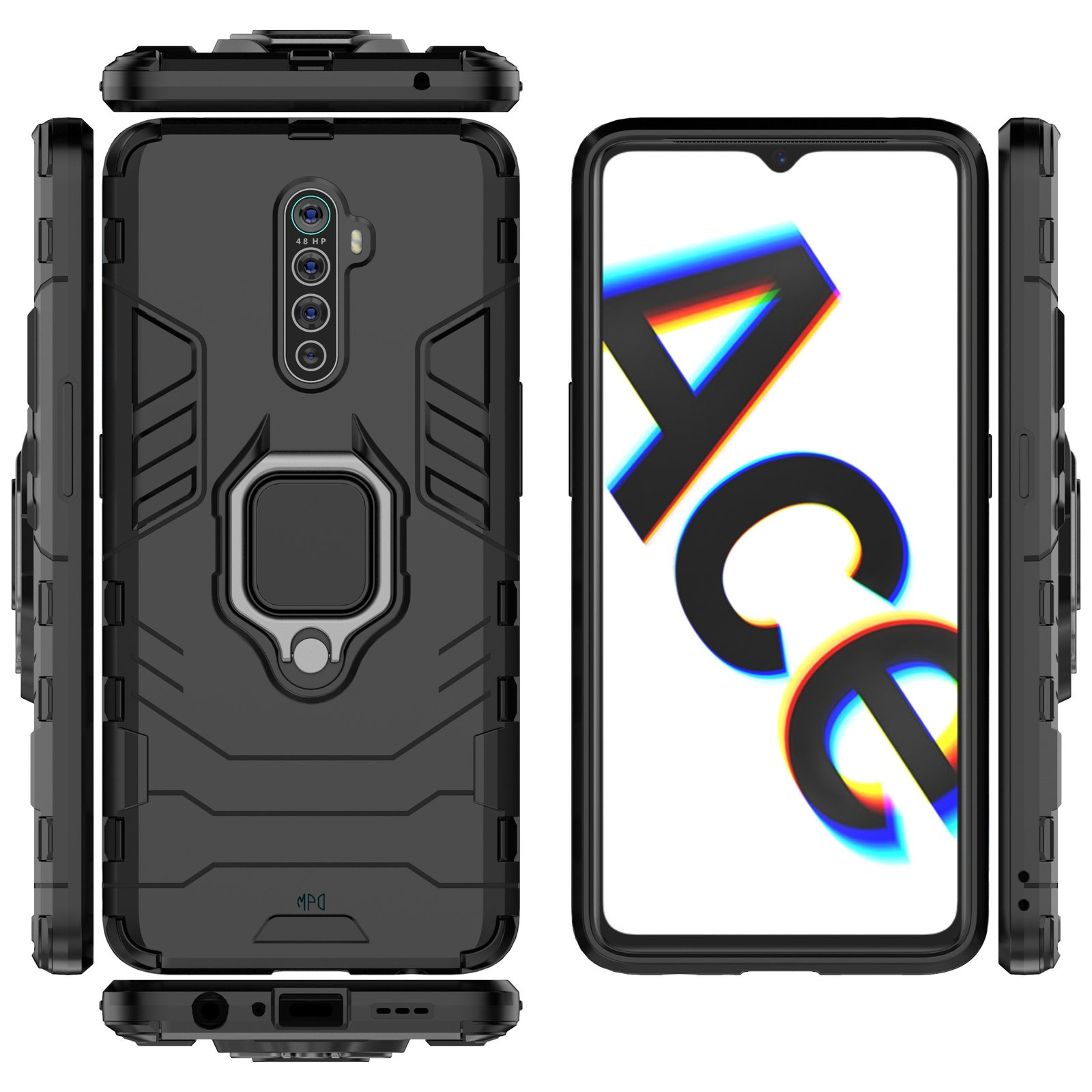 Funda negra para teléfono con soporte de anillo, mostrando vistas frontal y lateral, y una pantalla.