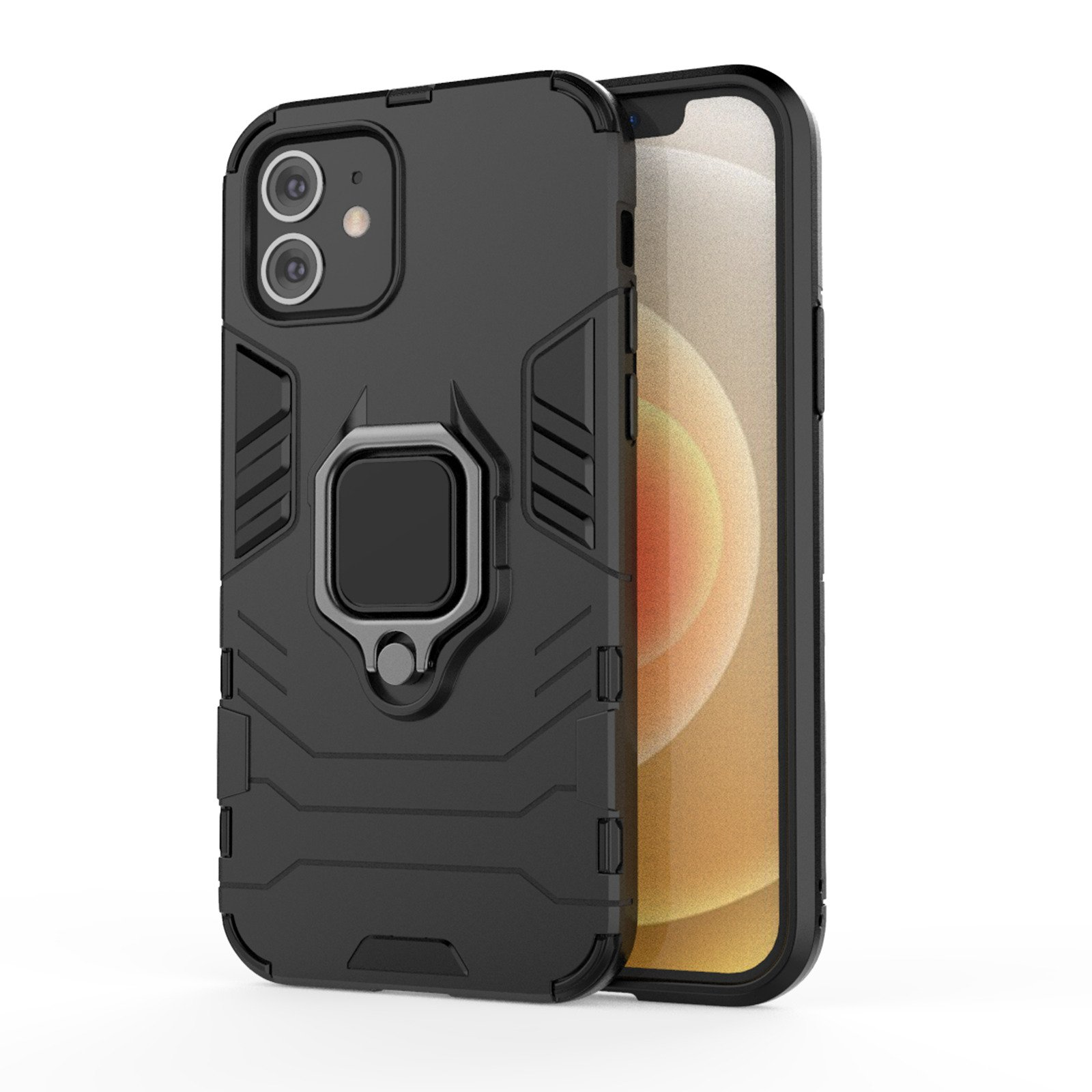 Funda negra con soporte de anillo. La pantalla del teléfono está en el lateral.