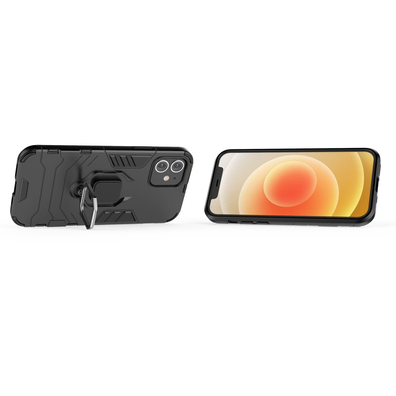 Funda negra con soporte de anillo y pantalla de teléfono con fondo amarillo y blanco.
