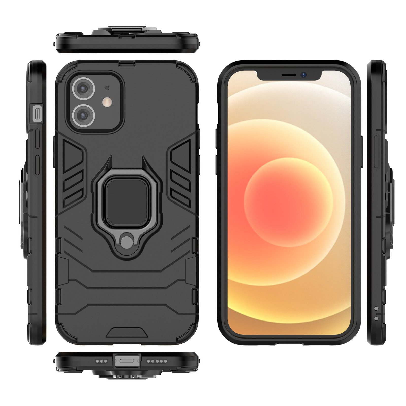 Funda de teléfono negra con soporte de anillo y teléfono. Varias vistas. Fondo blanco.