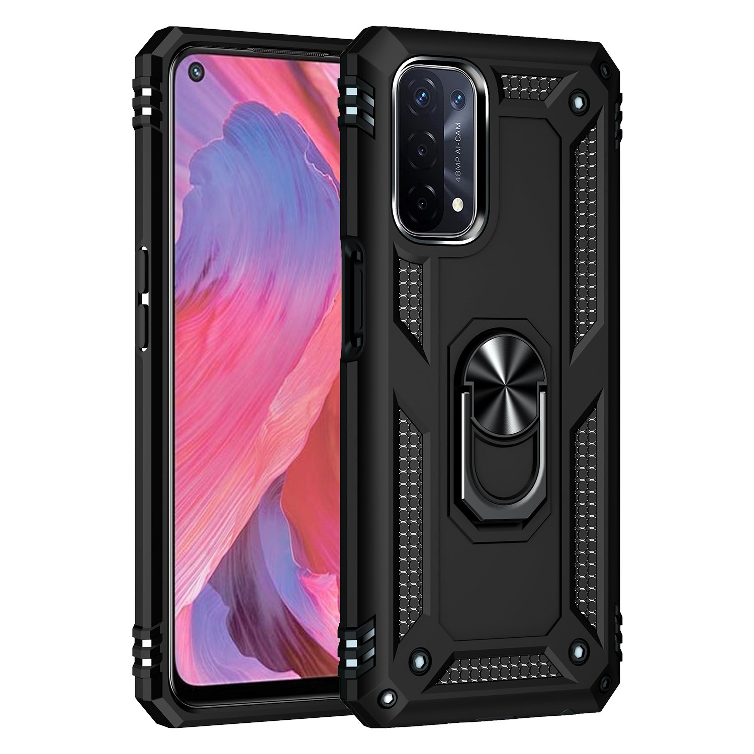 Teléfono negro con soporte de anillo en la parte trasera, con otra funda al lado.