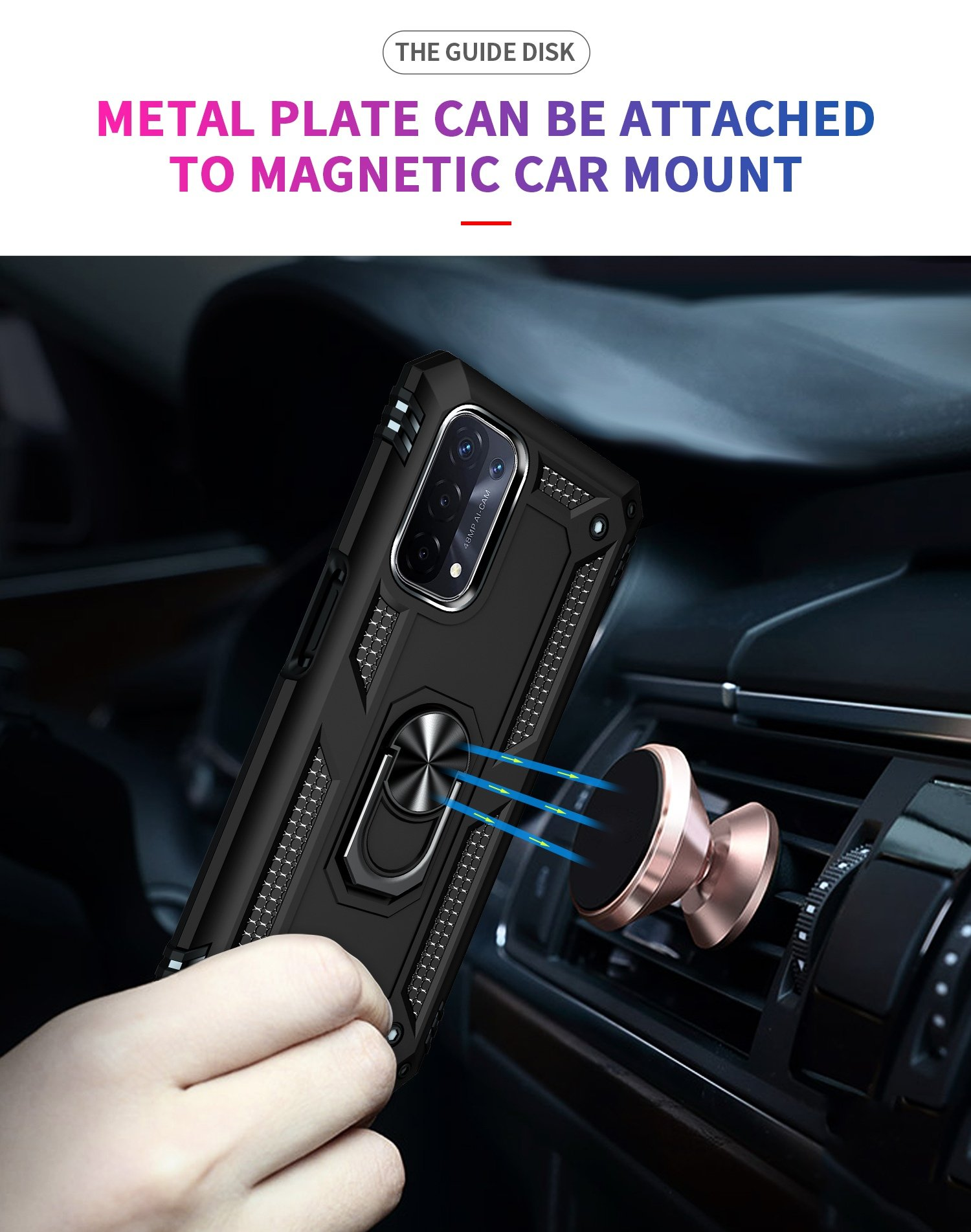 Teléfono en funda negra montado en una rejilla de ventilación del coche. Texto: Placa metálica para soporte magnético.