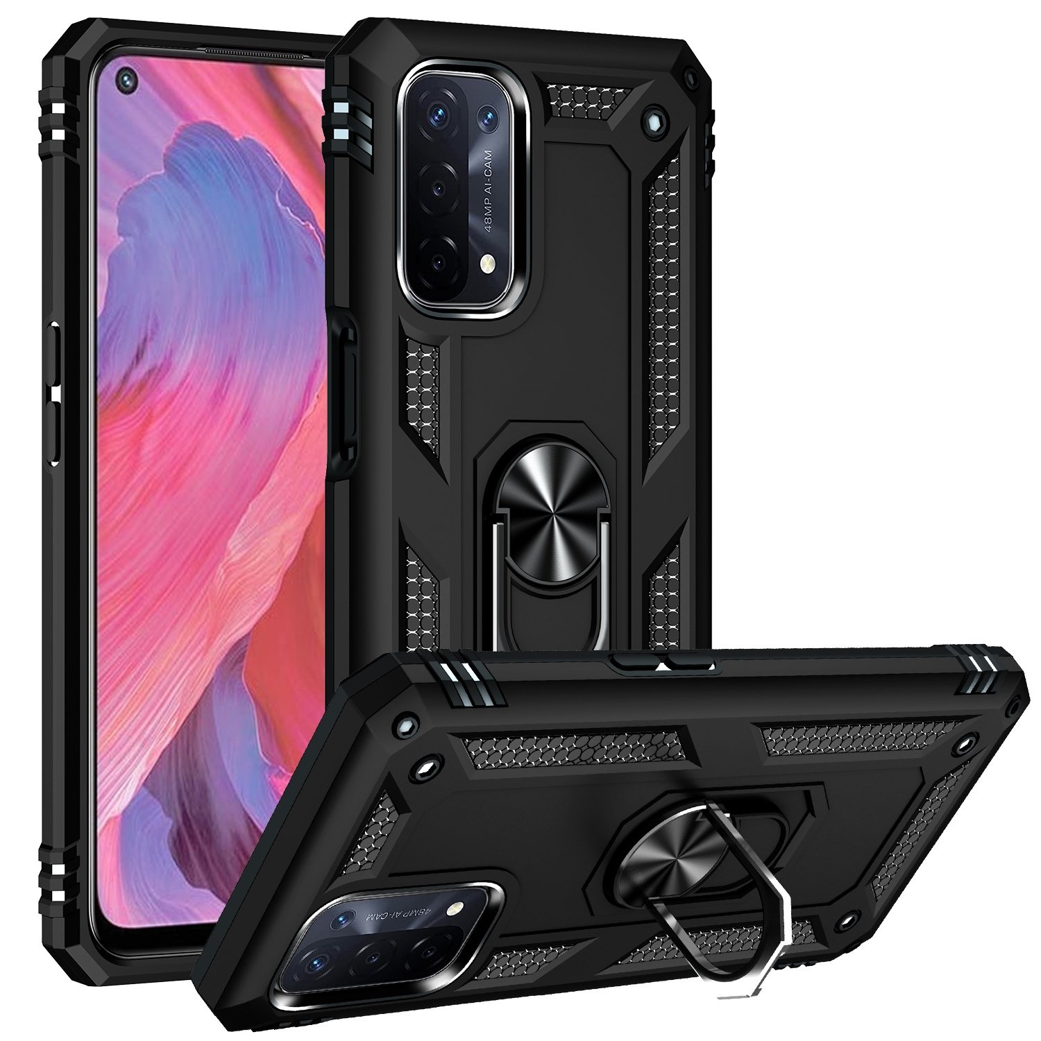 Funda negra con anillo y teléfono. La funda tiene un anillo. Teléfono está rodeado. Se muestran múltiples vistas.