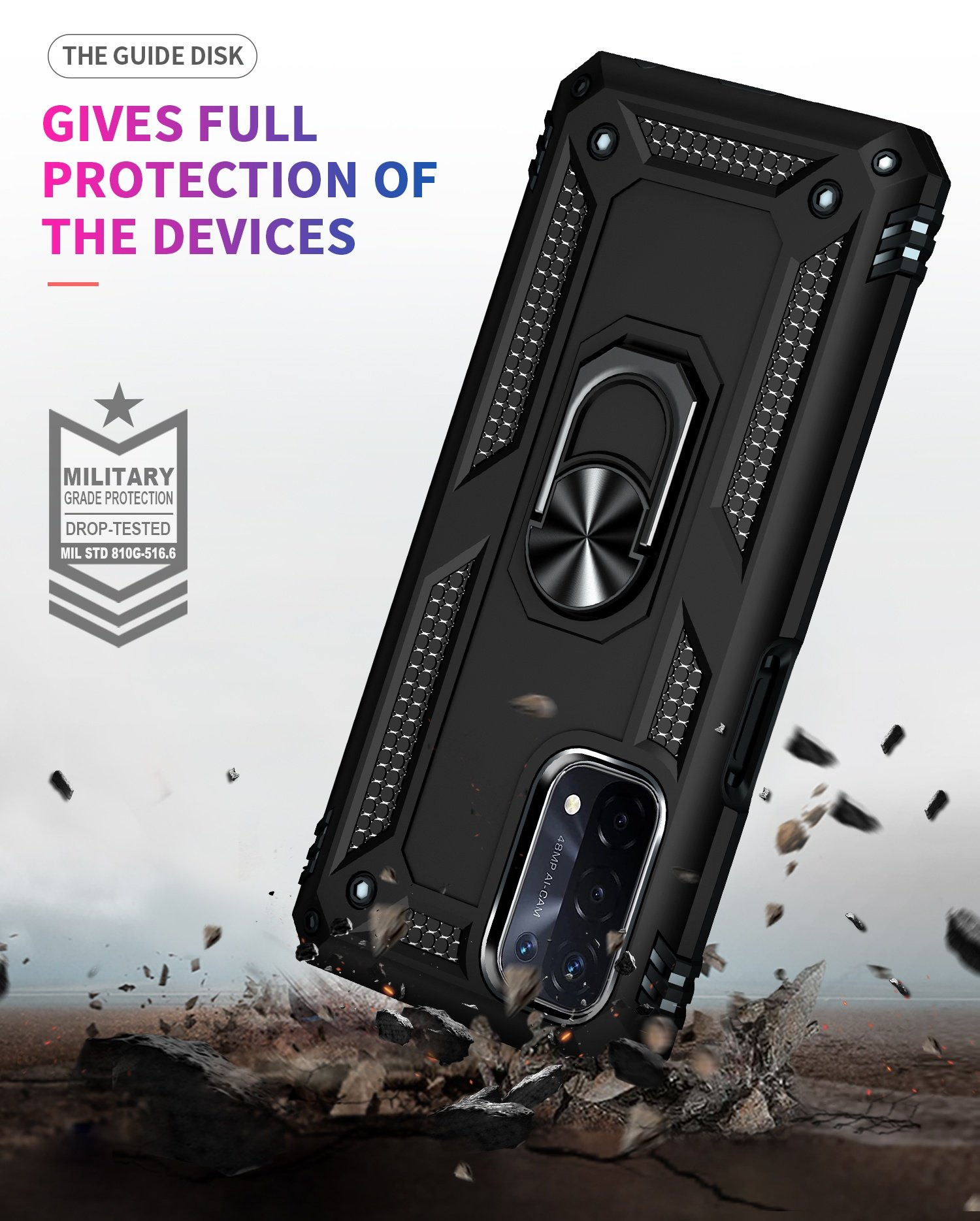 Una funda de teléfono negra con un soporte para anillos se muestra en una pose dinámica con texto en el fondo.