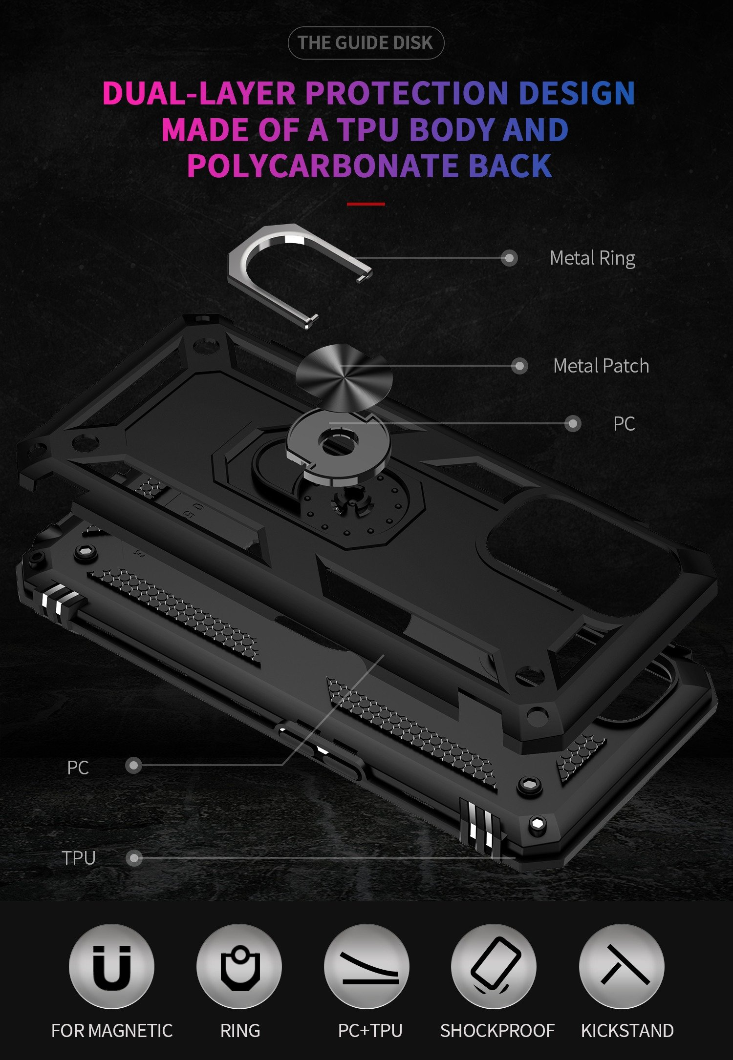 Diagrama de una funda de teléfono con diferentes partes etiquetadas, incluido el anillo de metal y PC.