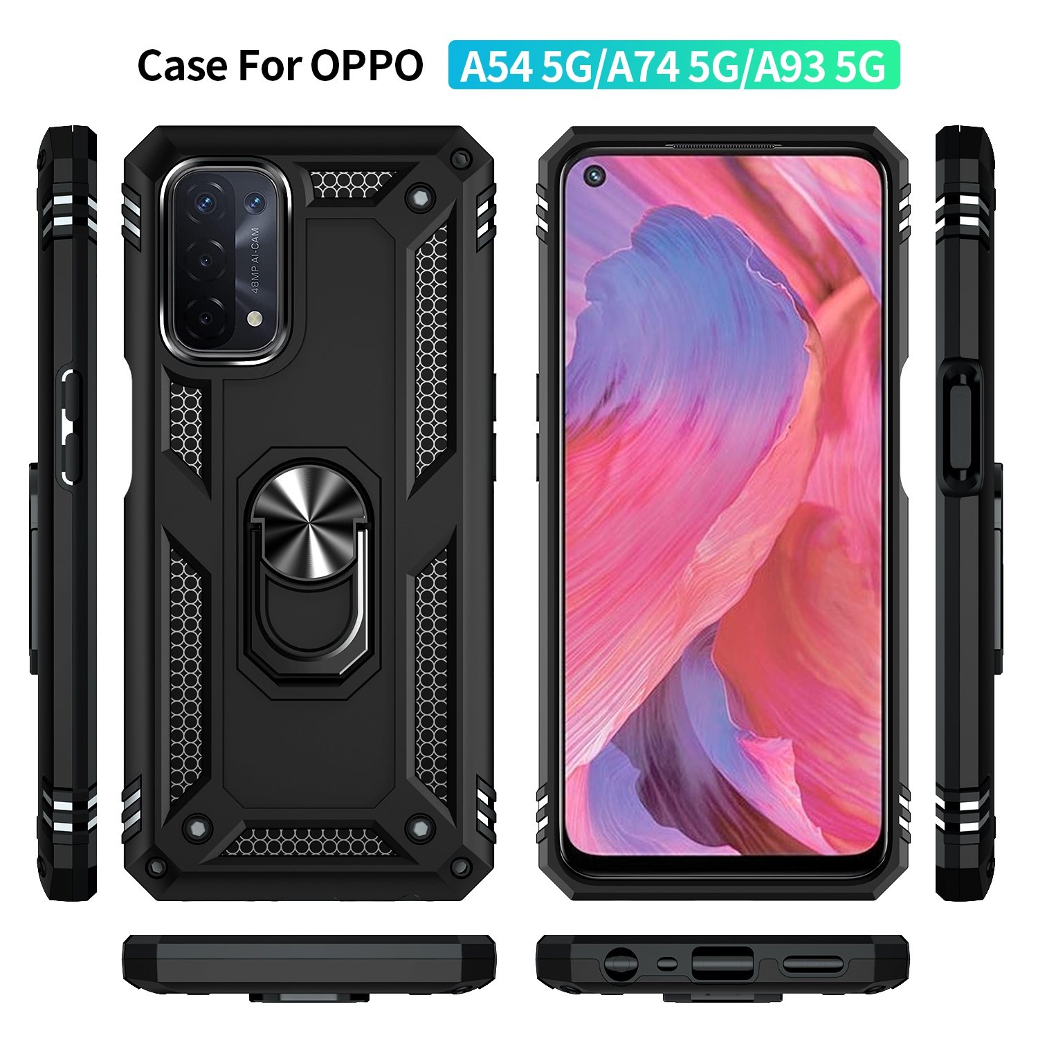 Fundas negras para teléfonos con soportes de anillo, mostrando vistas frontal y lateral, para teléfonos OPPO.