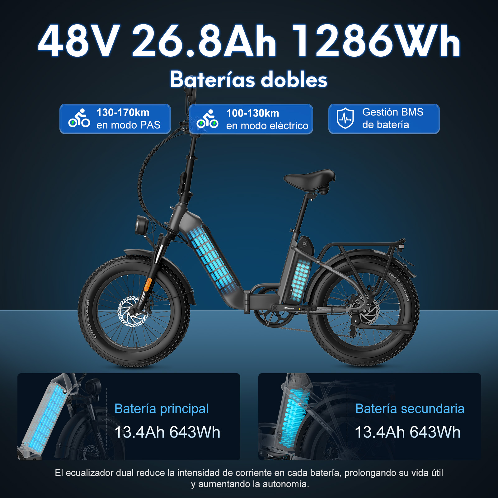 Una bicicleta eléctrica con baterías duales e información sobre autonomía y capacidad de la batería, con texto en español.