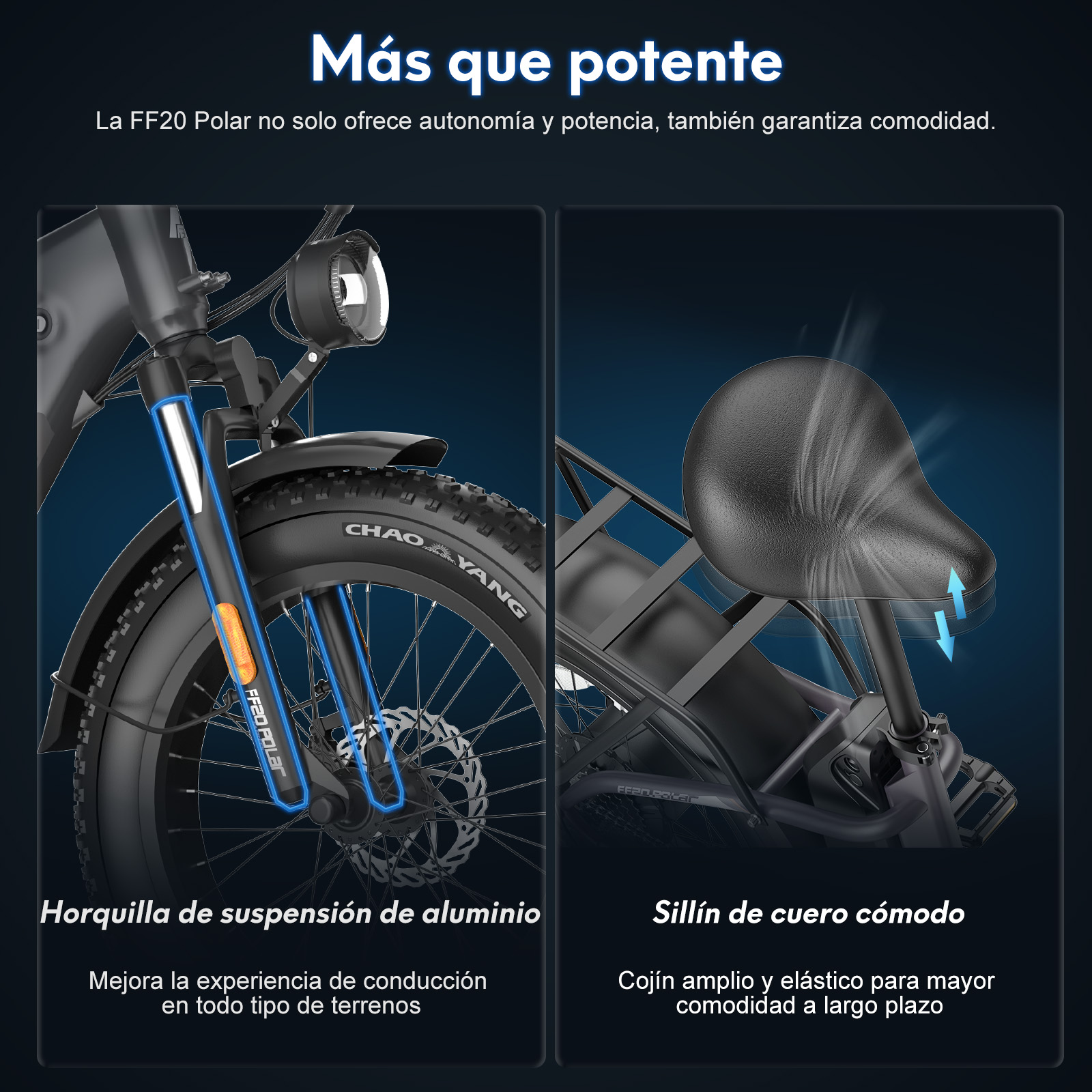 Dos imágenes sobre una bicicleta. Una muestra el neumático delantero y otra el asiento.