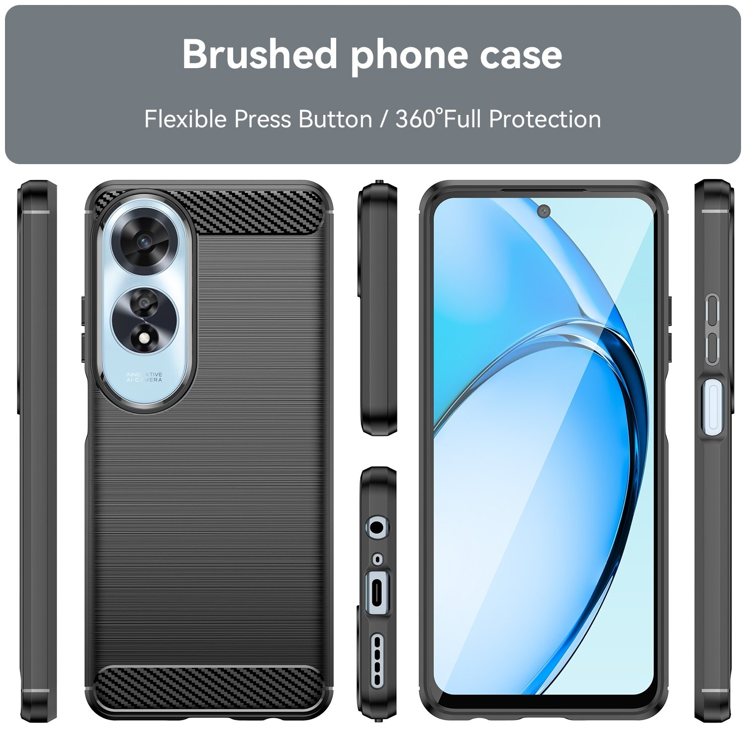 Funda negra para teléfono con un teléfono. La funda tiene una superficie texturizada.
