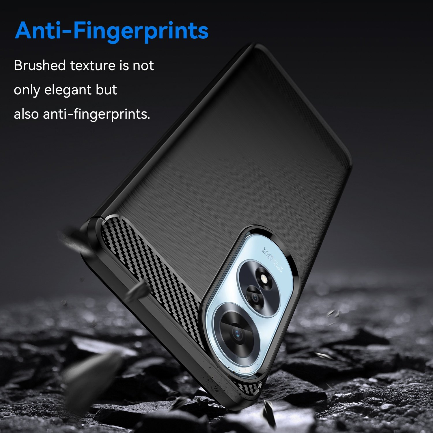 Primer plano de una funda negra con superficie texturizada, con texto sobre anti-huellas.