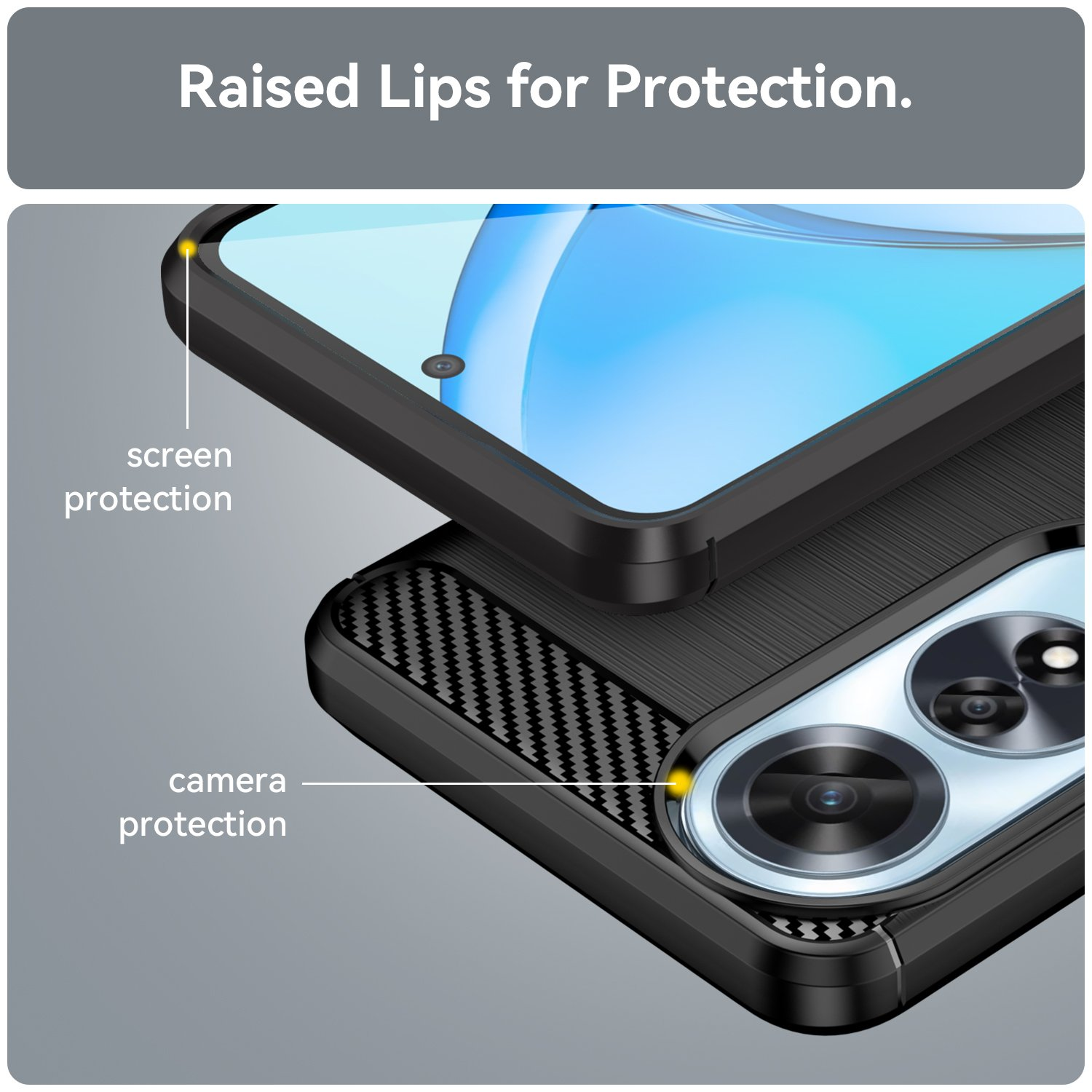 Vista de cerca de una funda. Muestra protección de cámara y pantalla, junto con bordes elevados.