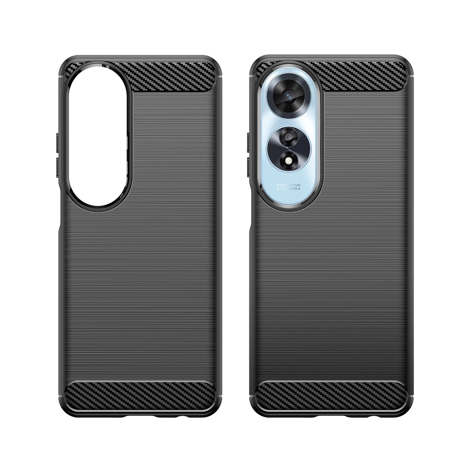 Dos fundas de teléfono negras con textura de fibra de carbono.